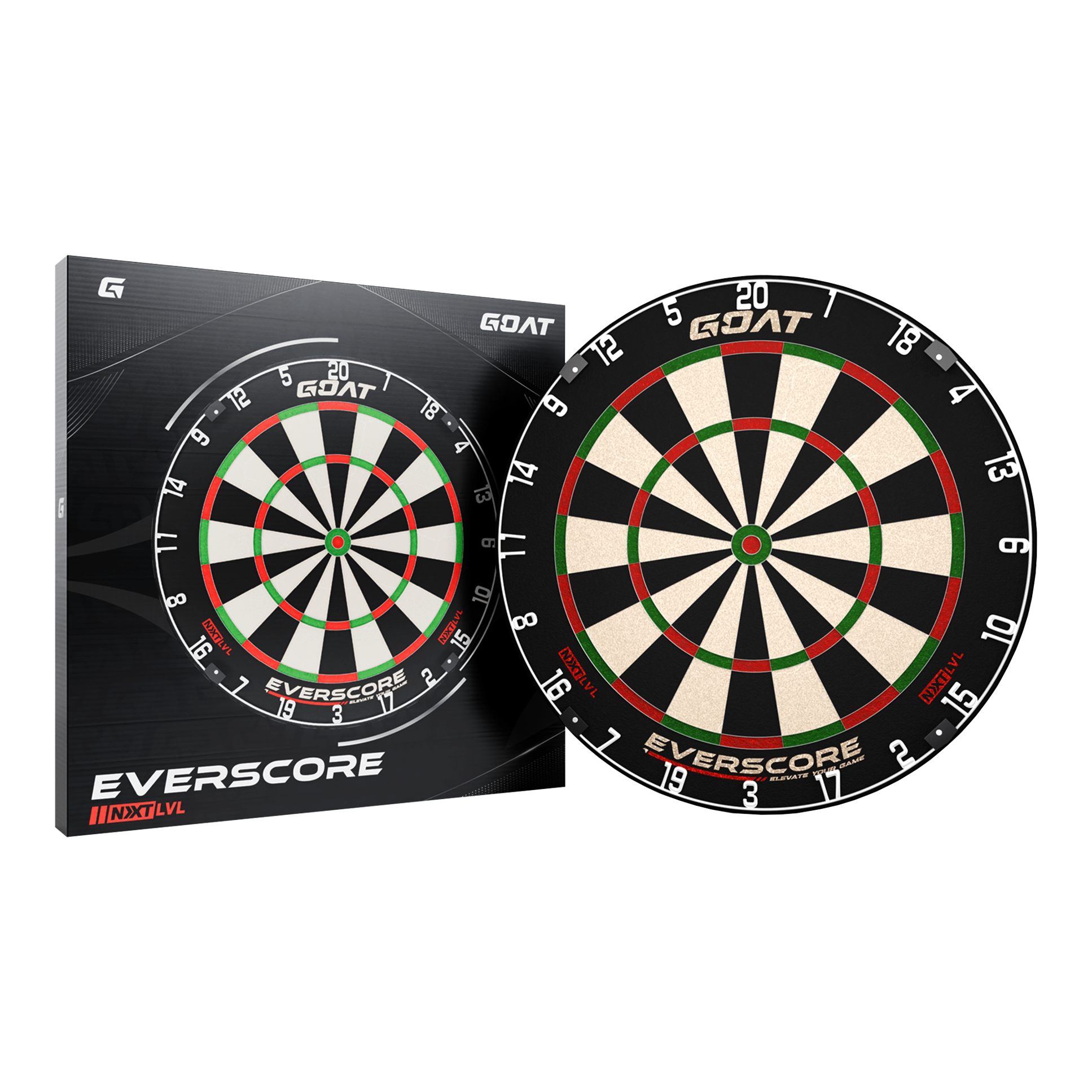 Cible de fléchettes en acier GOAT Everscore Das Bild zeigt das Produkt "GOAT Everscore Steeldartboard" zusammen mit seiner Verpackung. Das Dartboard hat ein klassisches Design mit schwarzen, weißen, roten und grünen Feldern.