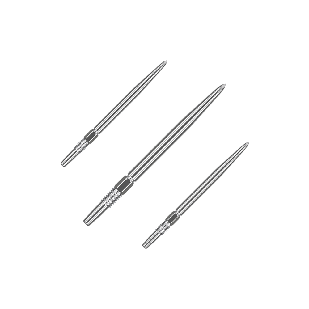 Pointes de fléchettes Target Swiss Point Silver Das Bild zeigt drei silberne Dartspitzen, die nebeneinander liegen. Sie sind lang und haben an einem Ende eine strukturierte Griffzone.