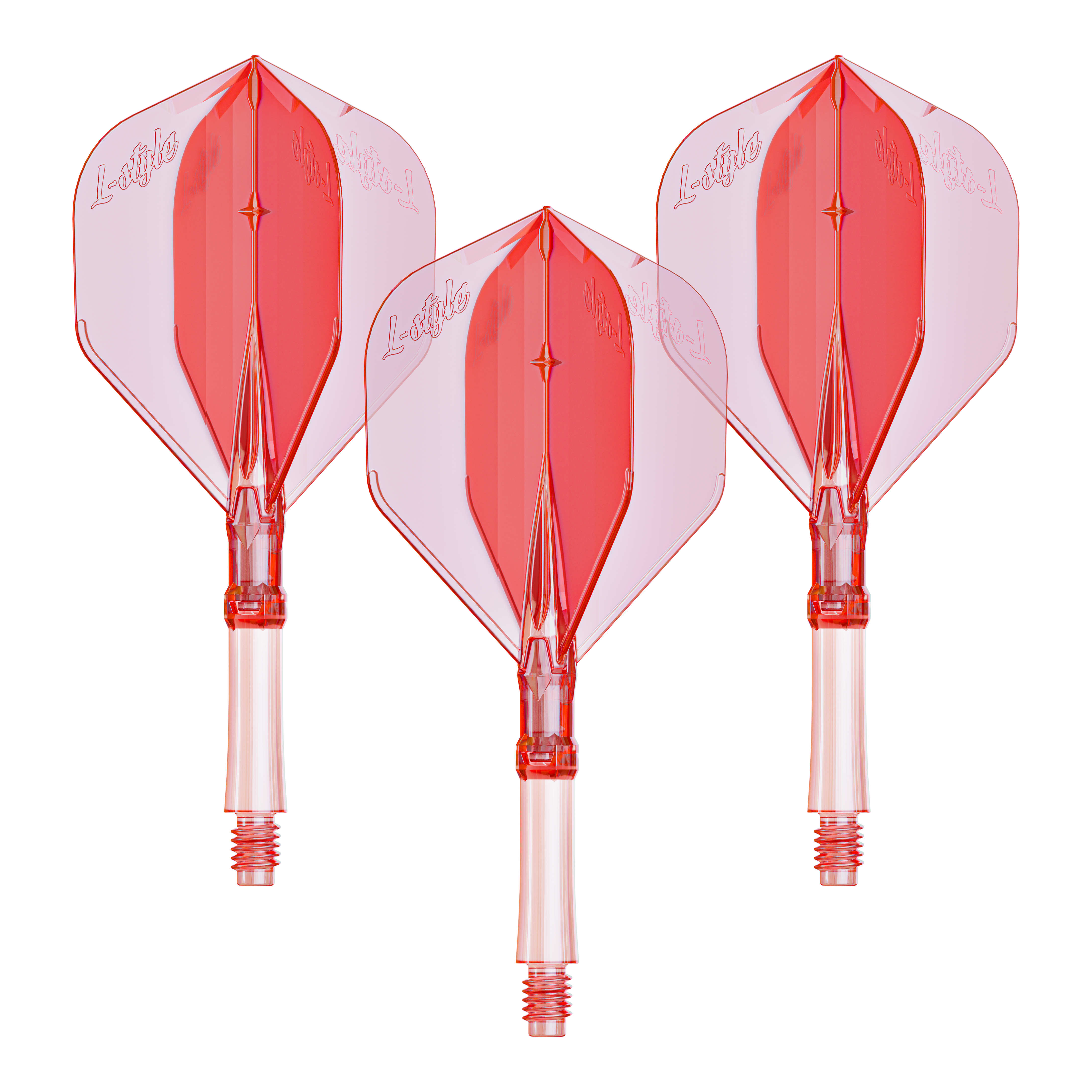 Volets L-L-Style-System - Rouge clair Das Bild zeigt ein Set L-Style L-System Flights in klarrot, kleine Größe 190. Das Produkt wird als Dartzubehör verwendet.