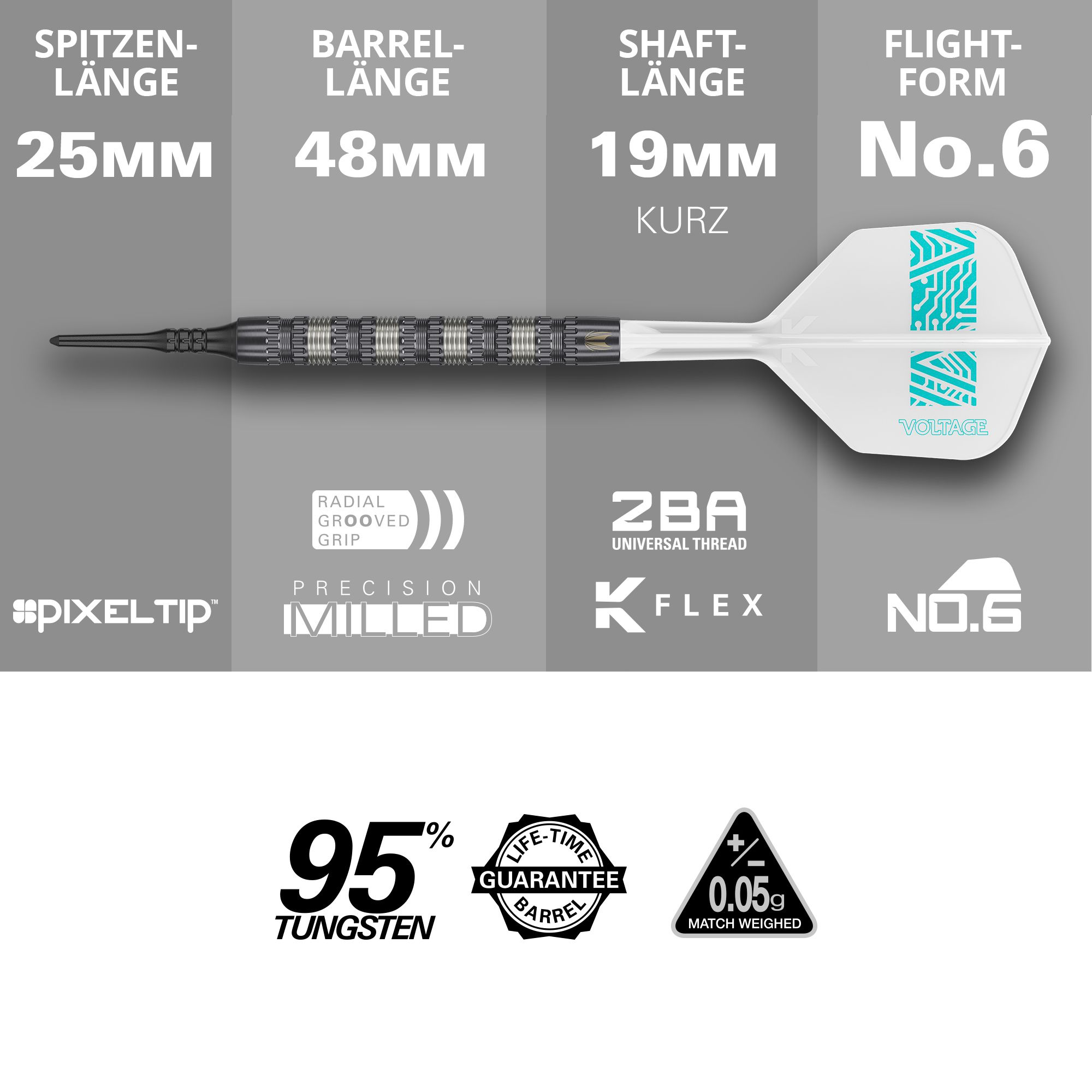 Fléchettes souples Target Rob Cross 95K Swiss Point - 18 g Das Bild zeigt den Target Rob Cross 95K Swiss Point Softdart mit 18 Gramm Gewicht. Es werden die Längen der Spitze, des Barrels, des Schafts und der Flight-Form sowie wichtige Merkmale wie 95% Tungsten und lebenslange Garantie hervorgehoben.