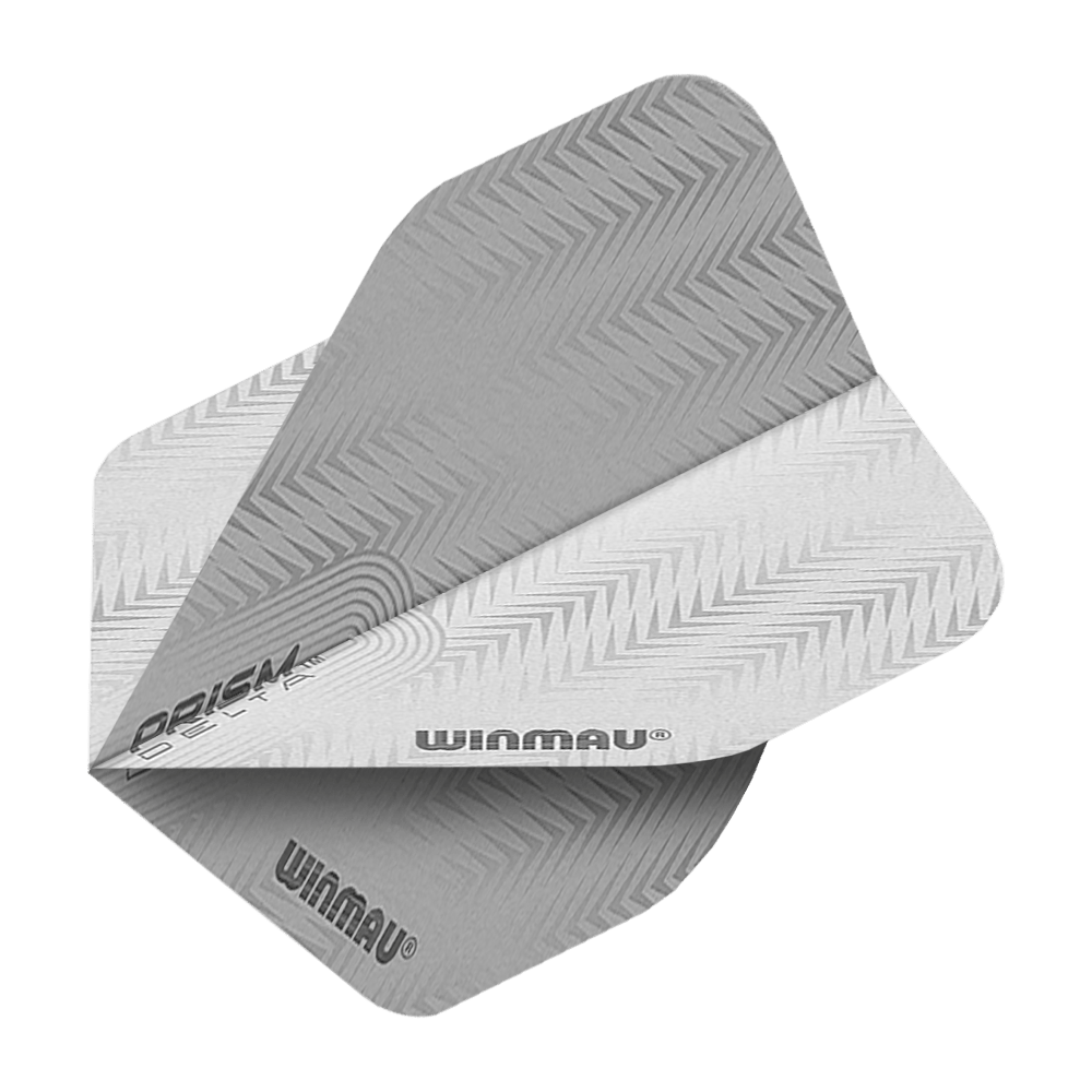 6915-204_Winmau_Prism_Delta_6915-204_Standard_Flights_2 Das Bild zeigt das Produkt "Winmau Prism Delta 6915.204 Standard Flights". Die Flights sind silbergrau mit einem Zickzackmuster und dem Winmau-Logo bedruckt.