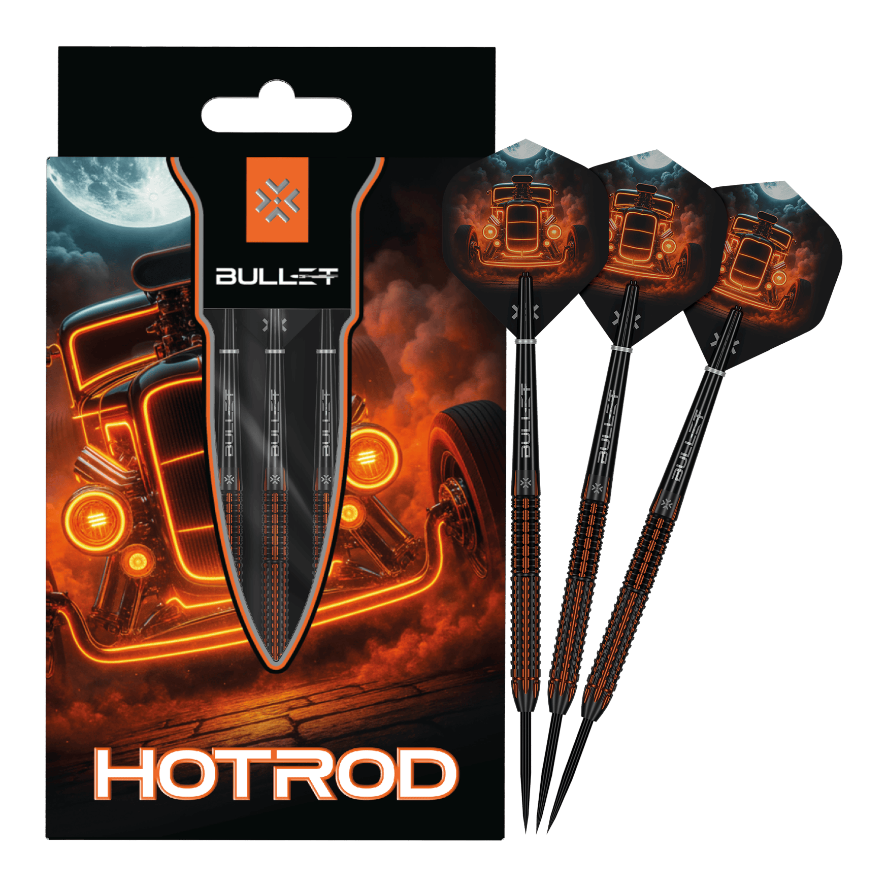 Fléchettes en acier Bullet Hotrod Bullet Hotrod Steeldarts sind zu sehen. Das Bild zeigt das vollständige Set der Steeldarts.