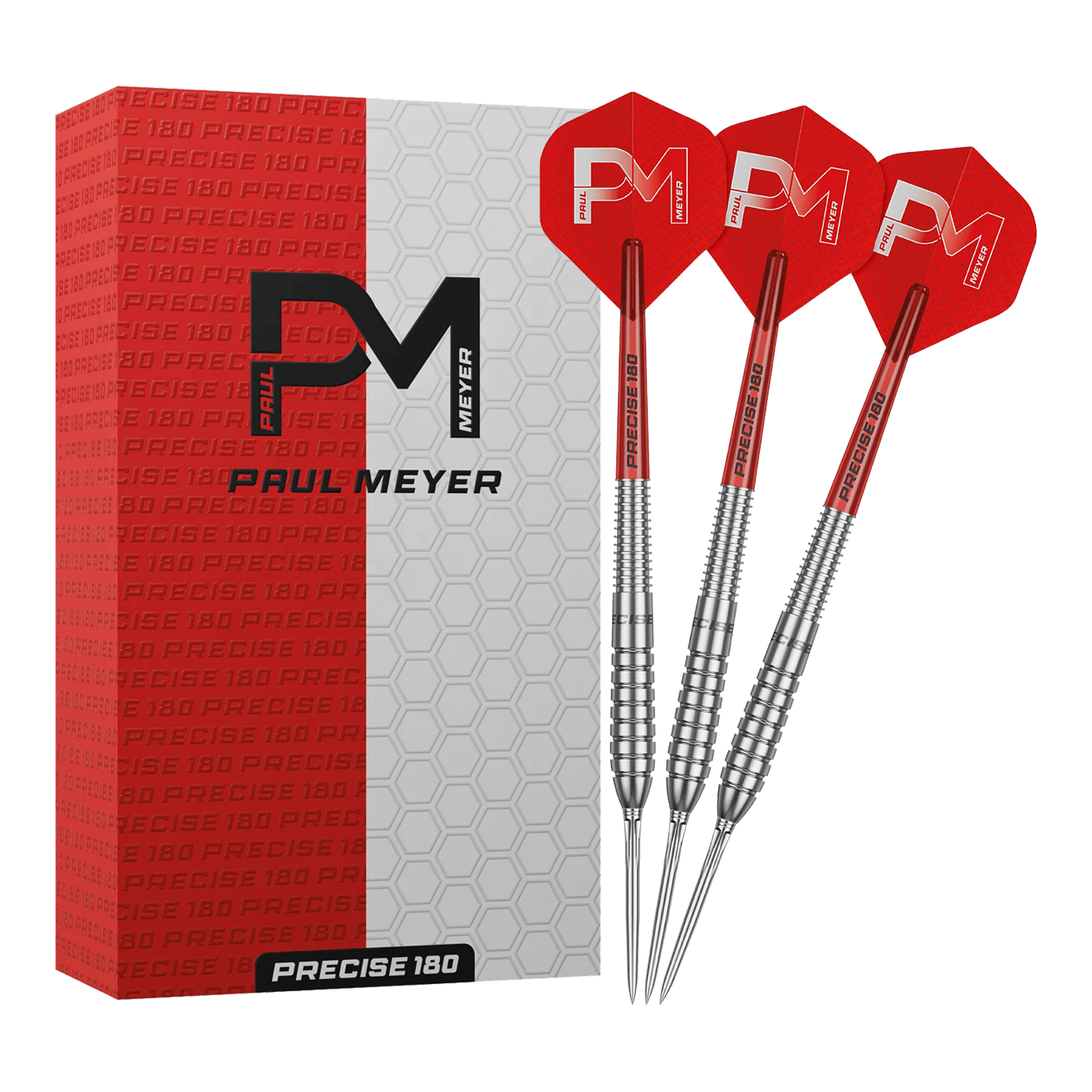 Fléchettes en acier Precise 180 Paul Meyer Version 1 Das Bild zeigt die Precise 180 Paul Meyer Version 1 Steeldarts. Ein Satz Steeldarts, ideal für Dartspieler.