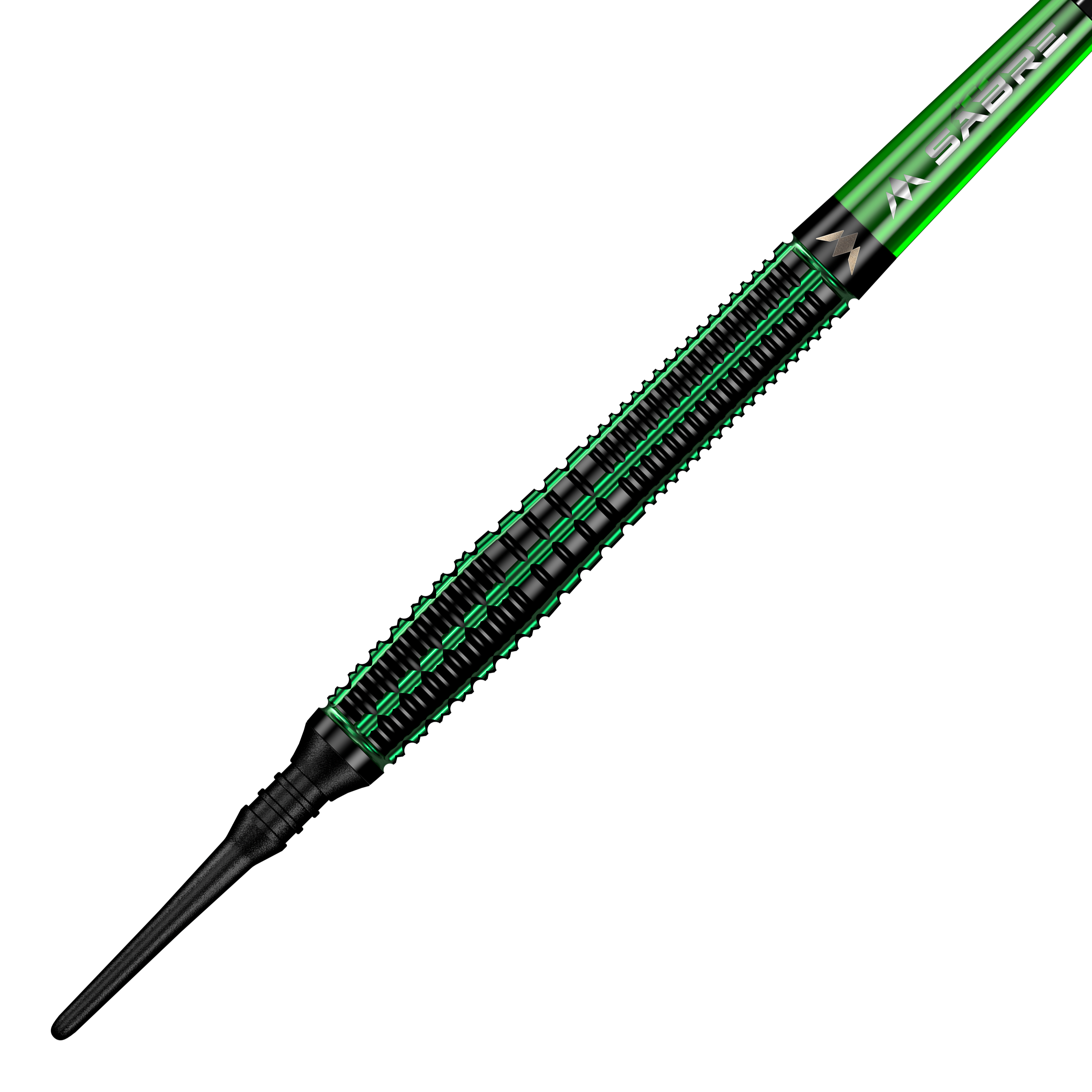 Fléchettes souples Mission Venom - 20 g Das Bild zeigt einen Mission Venom Softdart mit einem Gewicht von 20 Gramm. Der Dart ist überwiegend schwarz mit grünen Akzenten und einem schlanken Design.