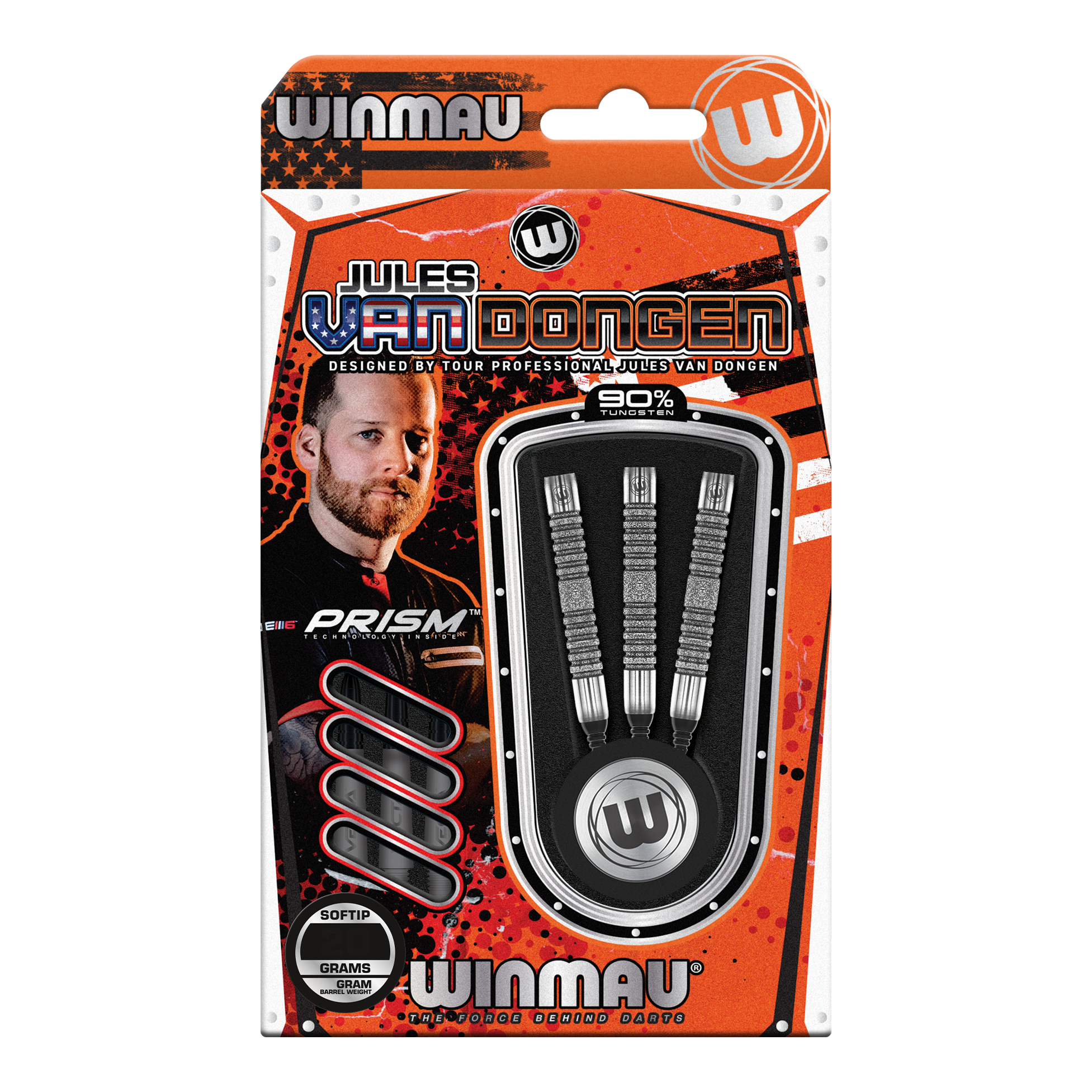 Fléchettes souples Winmau Jules Van Dongen - 20g Das Bild zeigt eine Verpackung der "Winmau Jules Van Dongen Softdarts - 20g". In der Packung befinden sich drei Softdarts mit 90% Tungsten.