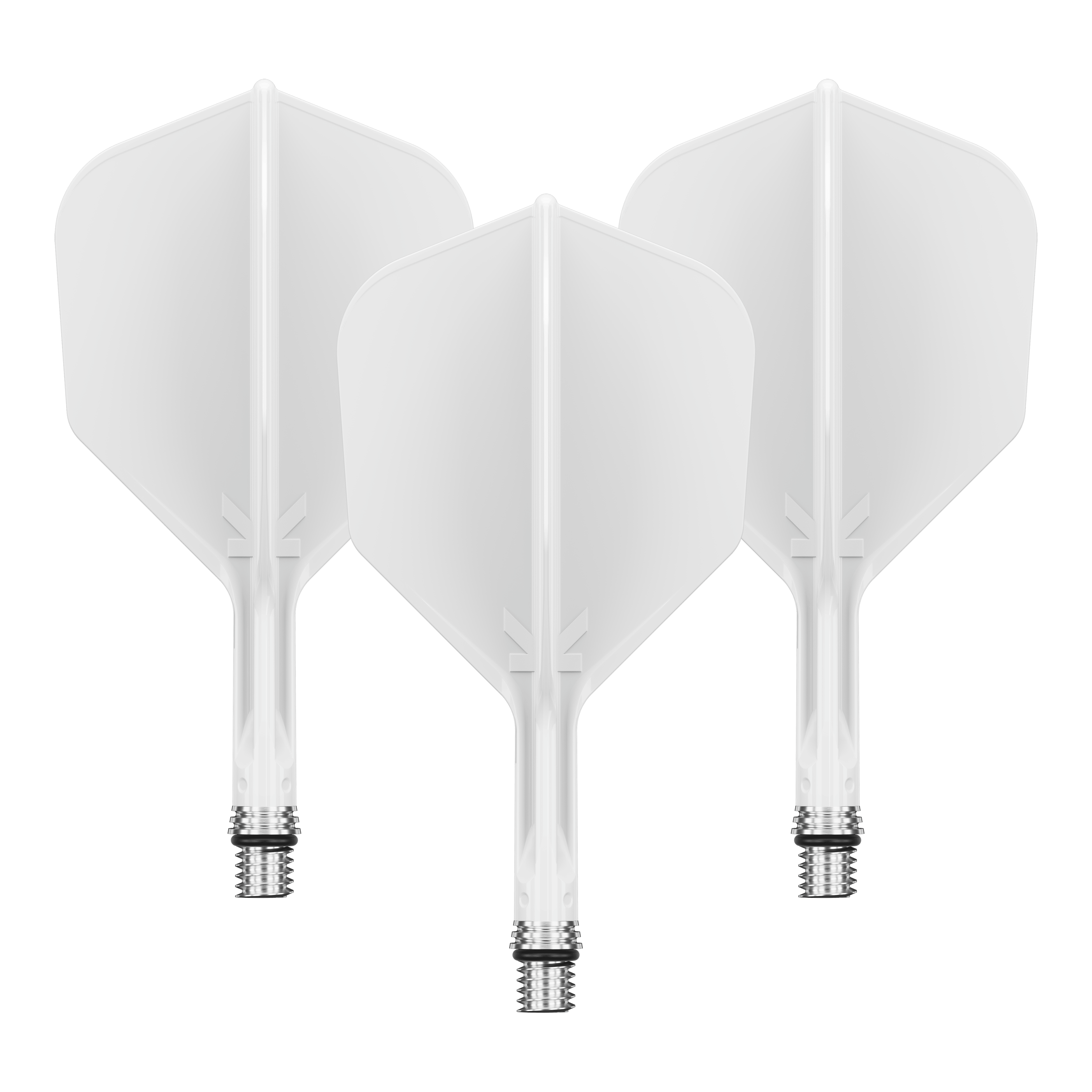 Ailerons Target K-Shift No6 - Blanc Zu sehen ist ein Flight-Set namens 410540_Target_KShift_No6_Flights_Wei_19mm_1Set. Mehrere weiße Flights sind gemeinsam präsentiert.