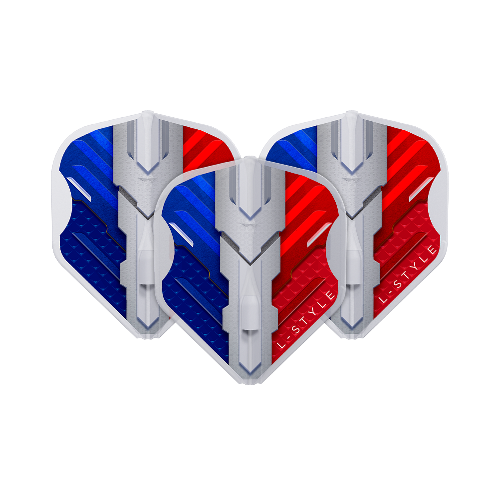 Vols L-Style V-Series V1 Type B France Blanc Transparent L1EZ Das Bild zeigt drei Dartflights in den Farben Blau, Weiß und Rot, die die französische Flagge darstellen. Auf den Flights steht der Markenname "L-Style" und sie haben ein modernes, technisches Design.