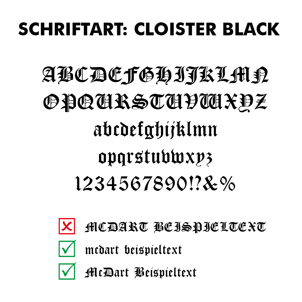 Flightdruck_Schriftart_Cloister_Blackl3d9bpUNQXPwy Das Bild zeigt das Alphabet, Zahlen und Sonderzeichen in der Schriftart "Cloister Black". Unten werden korrekte und falsche Schreibweisen mit Häkchen und Kreuz dargestellt.