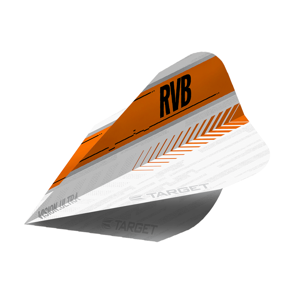 Das Bild zeigt ein Dart-Flight mit dem Namen "Target Vision Ultra RvB Orange Vapor Flights". Das Flight ist hauptsächlich weiß und orange, mit schwarzen Buchstaben "RVB" und dekorativen Mustern.