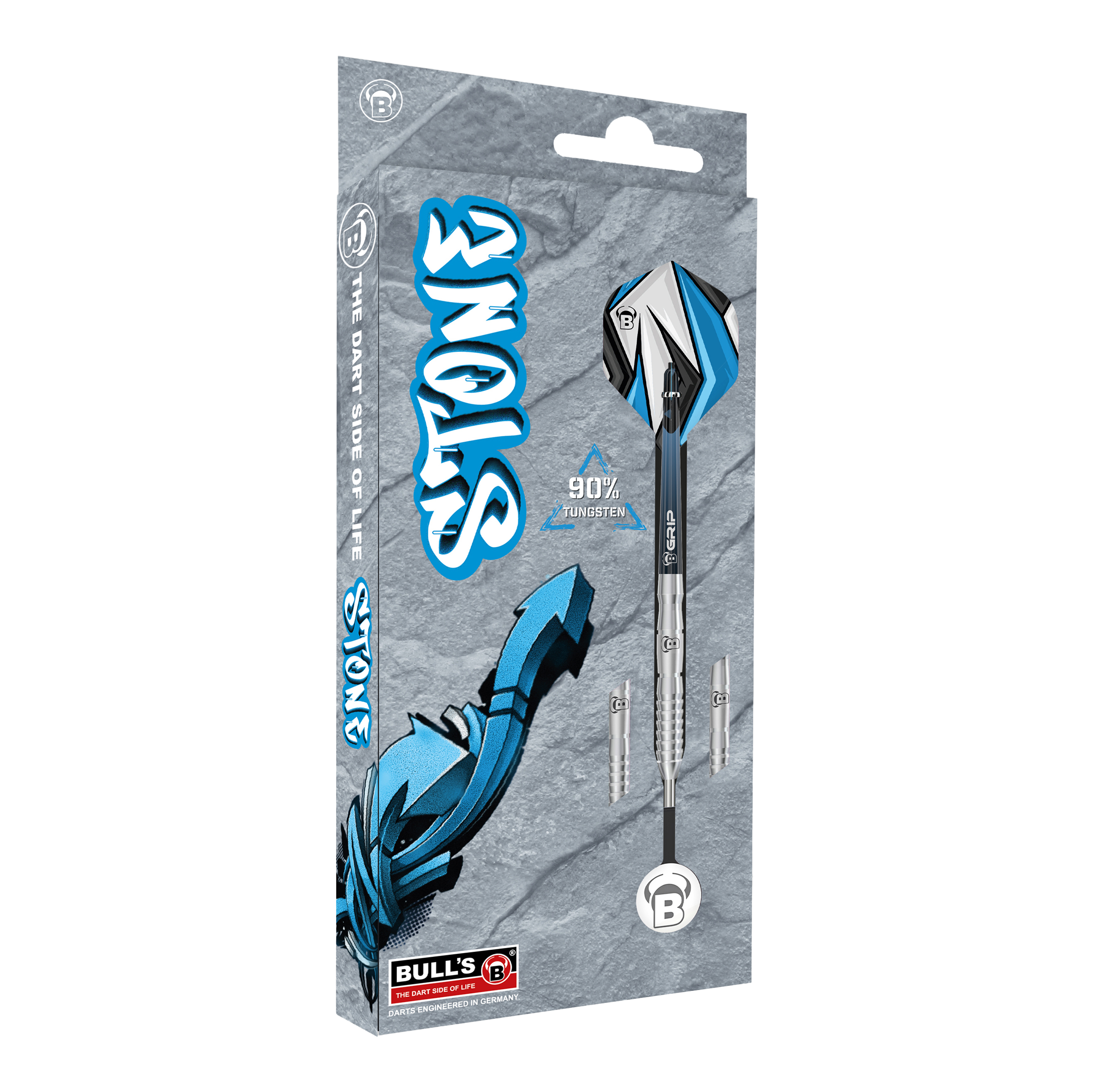 Fléchettes en acier Bulls Stone S2 Die Abbildung zeigt die Verpackung der "Bulls Stone S2 Steeldarts". Die Darts bestehen zu 90% aus Tungsten und sind im Design grau und blau gehalten.