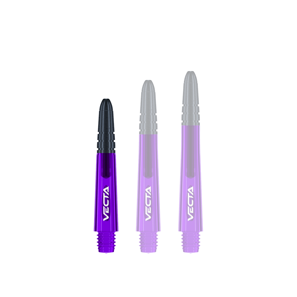 Tiges Winmau Vecta - Violet Noir Das Bild zeigt drei lilafarbene Dartschäfte mit schwarzen Spitzen. Auf jedem Schaft steht das Wort "VECTA" in weißer Schrift.
