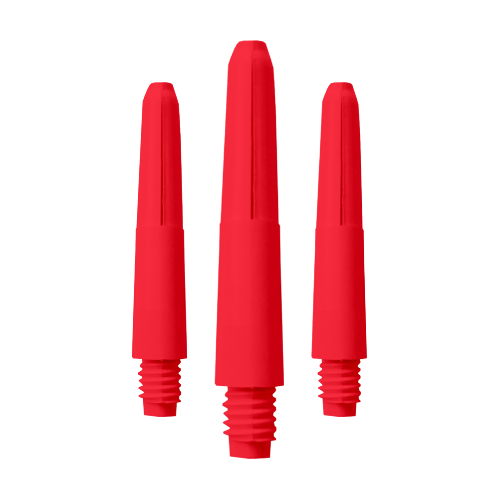 569_Nylon_Shafts_Rot_28mm_1 Das Bild zeigt drei rote Nylon-Schäfte für Dartpfeile. Sie sind nebeneinander auf weißem Hintergrund angeordnet.