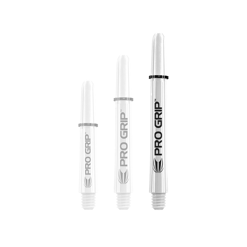 Tiges Target Pro Grip - 3 jeux - Rouge Bleu Blanc Das Bild zeigt drei unterschiedlich lange, weiße Dart-Schäfte mit der Aufschrift "PRO GRIP". Sie stehen nebeneinander aufrecht vor weißem Hintergrund.