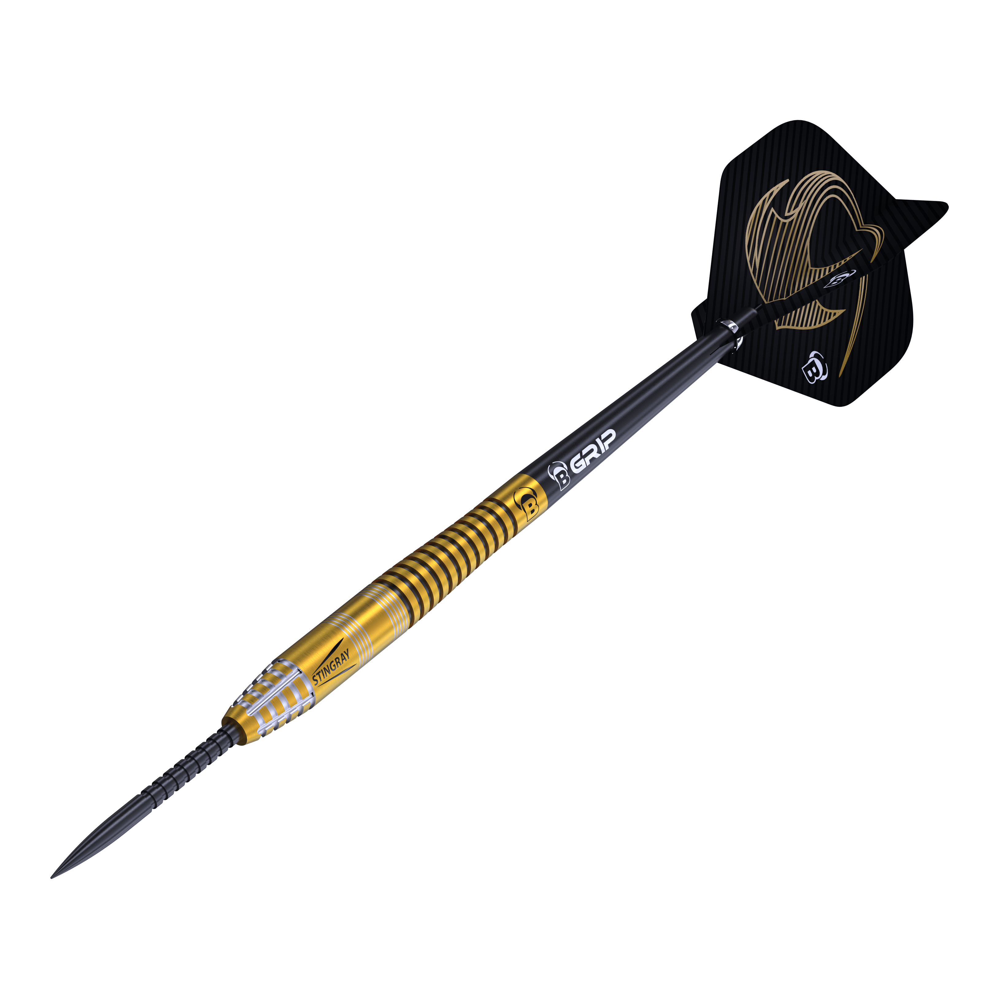 Fléchettes en acier Bulls Stingray ST3 Das Bild zeigt einen Steeldart aus der Bulls Stingray ST3 Serie. Der Dart hat einen goldfarbenen Schaft mit schwarzen Ringen und eine schwarze Flügelspitze mit goldener Verzierung.