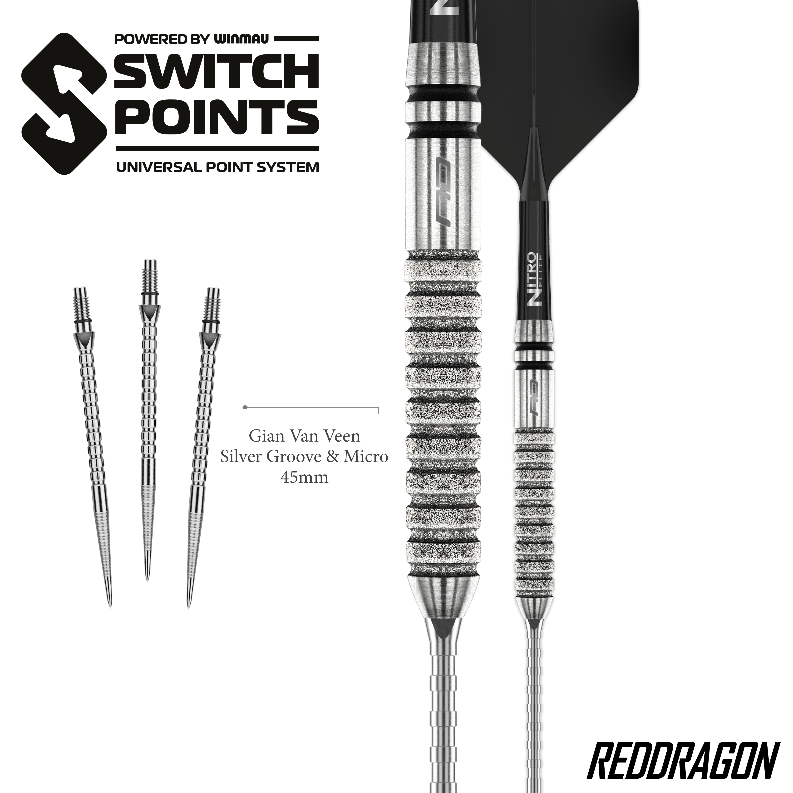 Fléchettes en acier Red Dragon Gian Van Veen Tour Edition Switch Point - 21 g Gezeigt werden die Red Dragon Gian Van Veen Tour Edition Switch Point Steeldarts - 21g aus einer anderen Perspektive. Das Design ist sportlich und funktional.