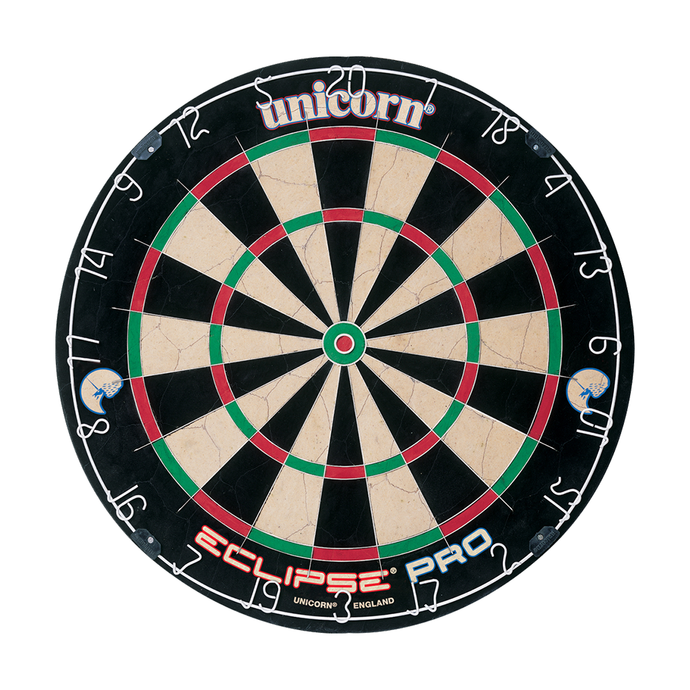 Cible de fléchettes Unicorn Eclipse Pro Das Bild zeigt die Unicorn Eclipse Pro Dartscheibe. Sie hat ein klassisches Design mit deutlich sichtbaren Zahlen und farbigen Segmenten.