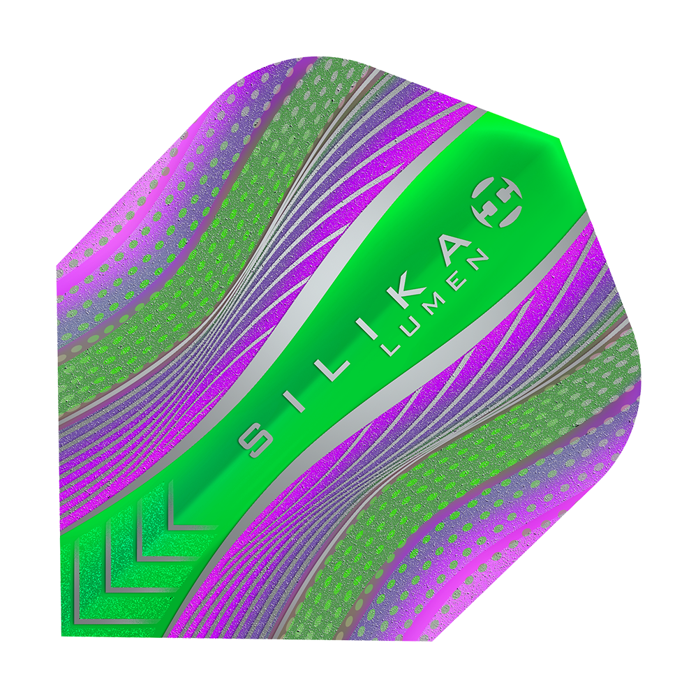HF5125_Harrows_Silikia_Lumen_Purple_Green_No6_Flights_1 Das Bild zeigt das Produkt "Harrows Silika Lumen Purple Green No6 Flights". Das Flight ist überwiegend grün und lila mit futuristischen Mustern und dem Schriftzug "SILIKA LUMEN" in der Mitte.