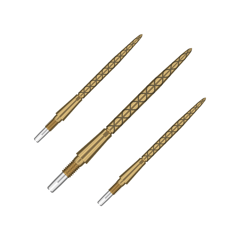 Pointes de fléchettes Target Swiss Storm Diamond Point - Or Das Bild zeigt drei goldene Dartspitzen mit einem rautenförmigen Muster. Sie sind länglich und haben eine silberne Spitze zum Werfen.