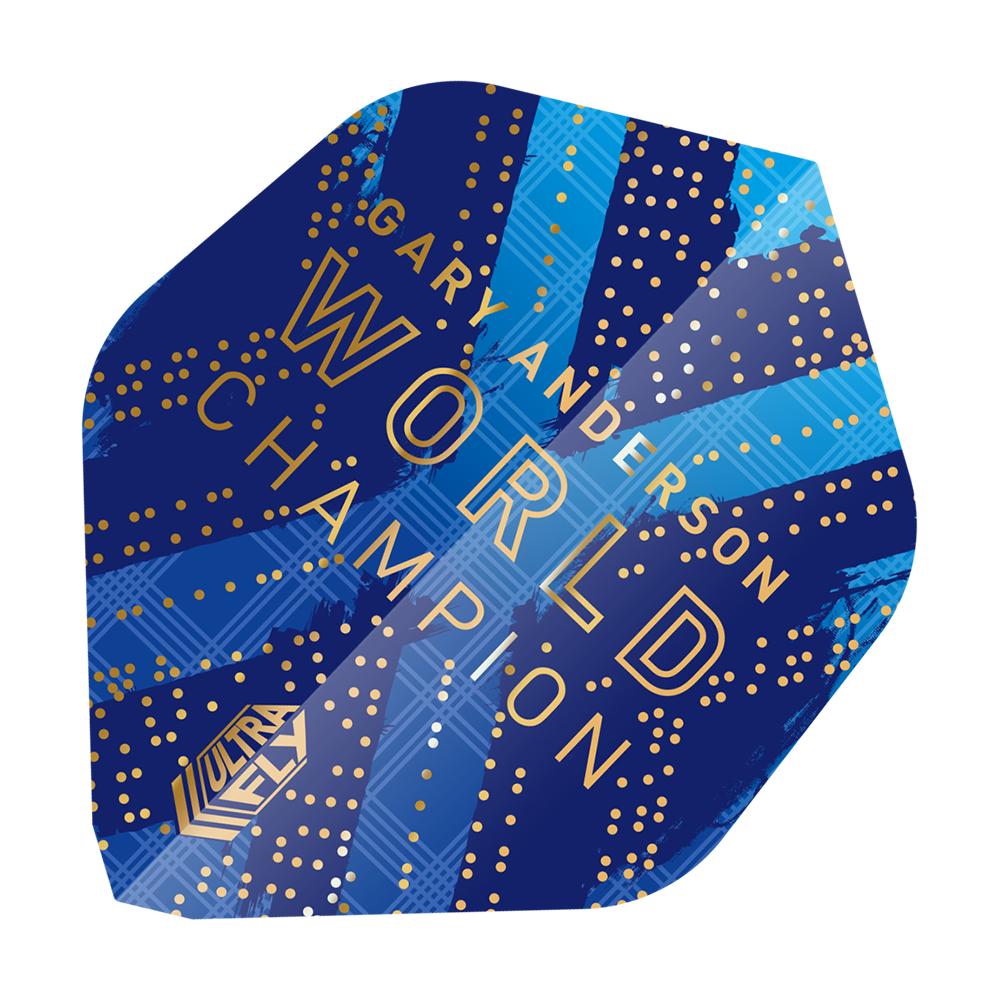 69453_Unicorn_World_Champion_Gary_Anderson_Phase_6_AR1_Flights_2 Das Bild zeigt einen blauen Dartflight mit goldenen Punkten und der Aufschrift "Gary Anderson World Champion". Im unteren Bereich ist das "Ultra Fly" Logo zu sehen.