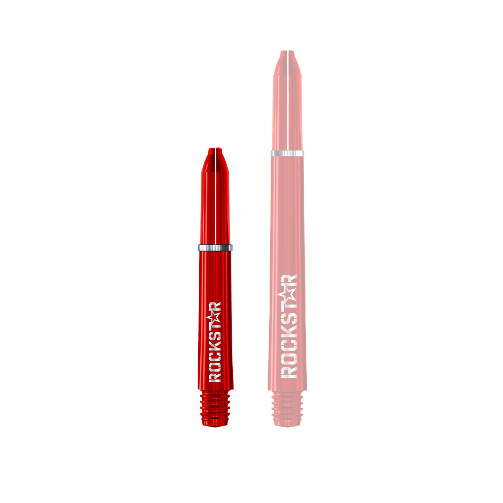 Manche en nylon Winmau Joe Cullen Rockstar Das Bild zeigt zwei rote Dartschäfte in unterschiedlichen Längen. Auf beiden Schäften steht das Wort "ROCKSTAR" in weißer Schrift.