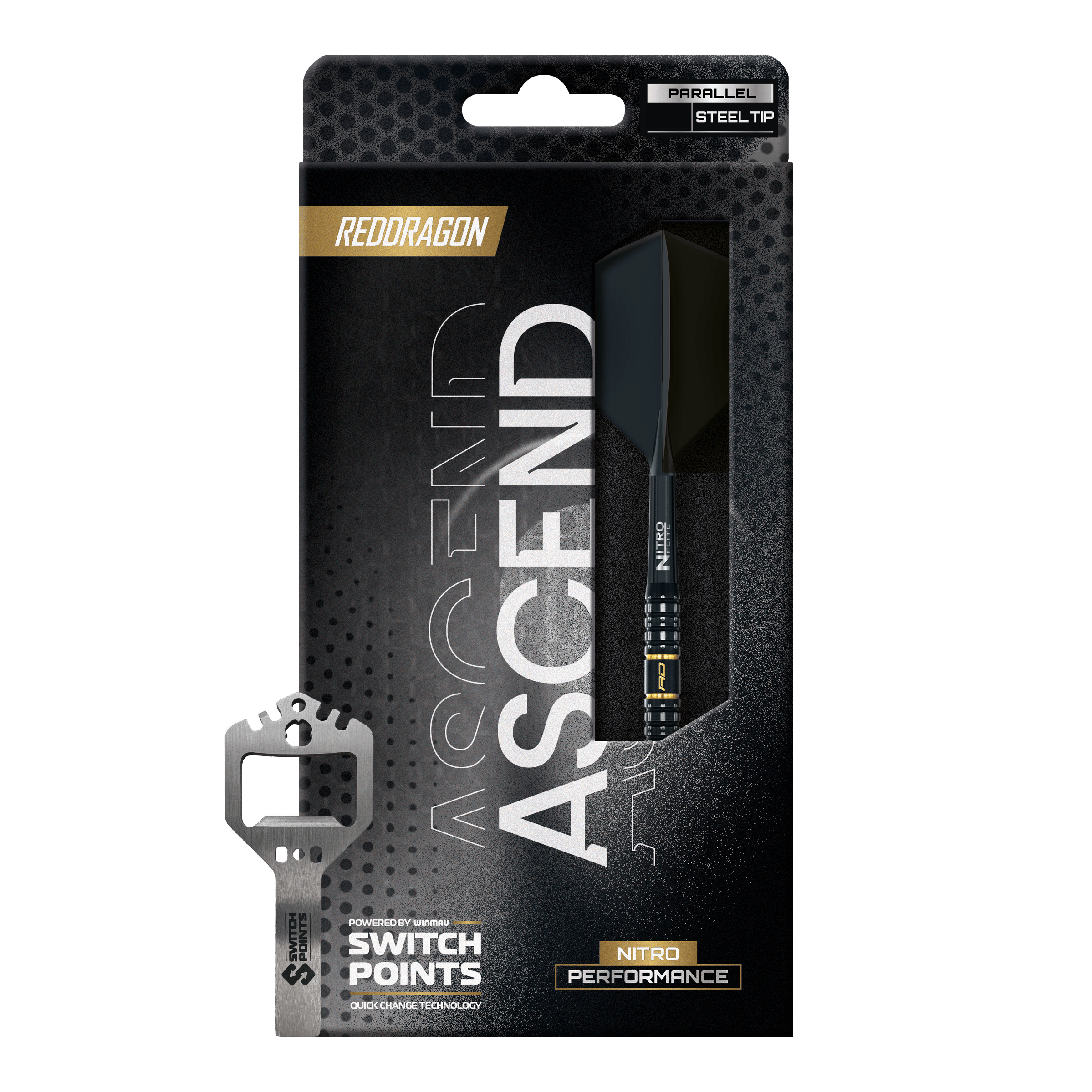 Zu sehen sind drei Red Dragon Ascend Parallel Switch Point Steeldarts gruppiert in einer Reihe. Die Darts heben ihre hochwertige Verarbeitung hervor.
