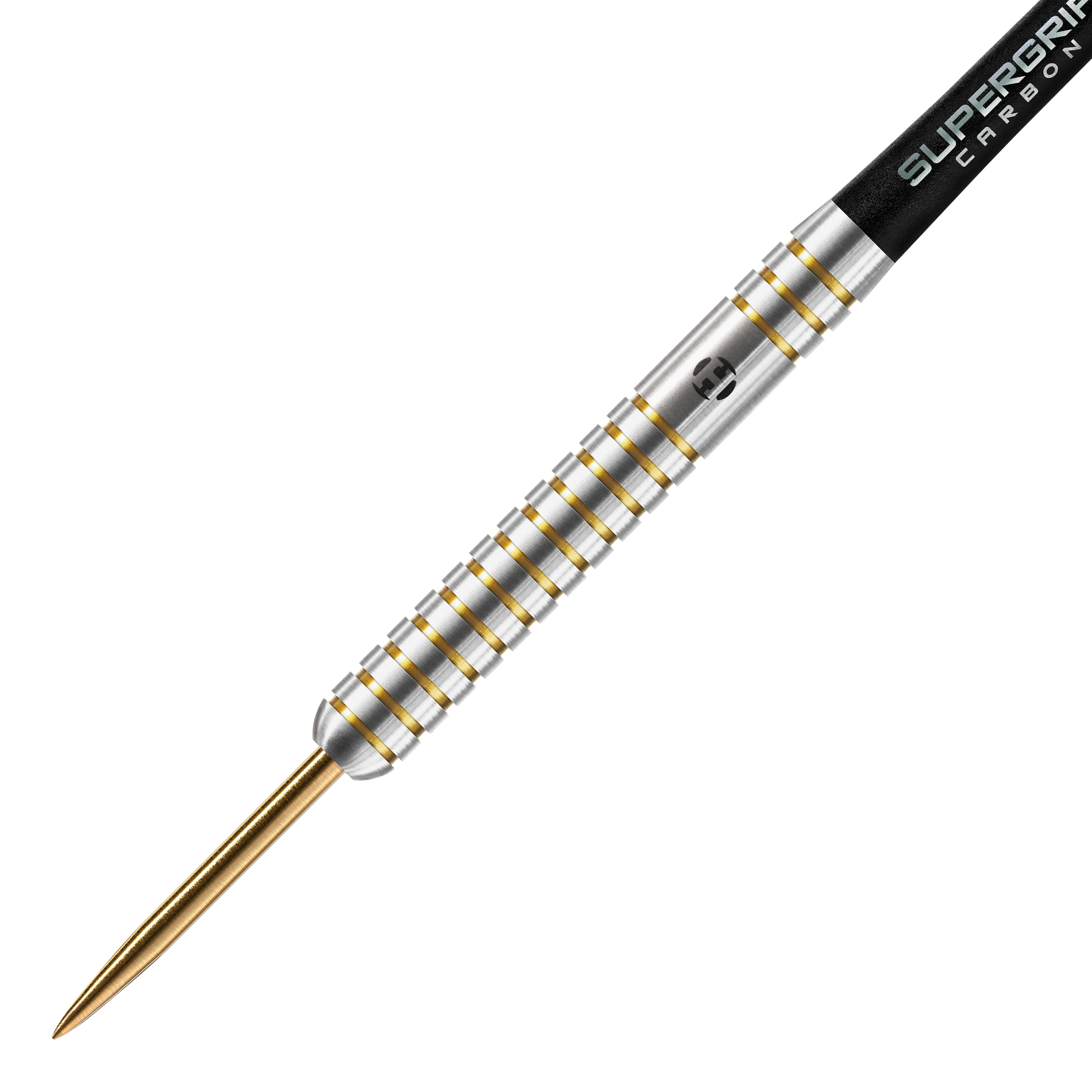 Édition anniversaire de Harrows Les Steeldarts originaux Das Bild zeigt einen Harrows Anniversary Edition The Original Steeldart. Der Dartpfeil hat ein silbernes Barrel mit goldenen Rillen und einer goldenen Spitze.