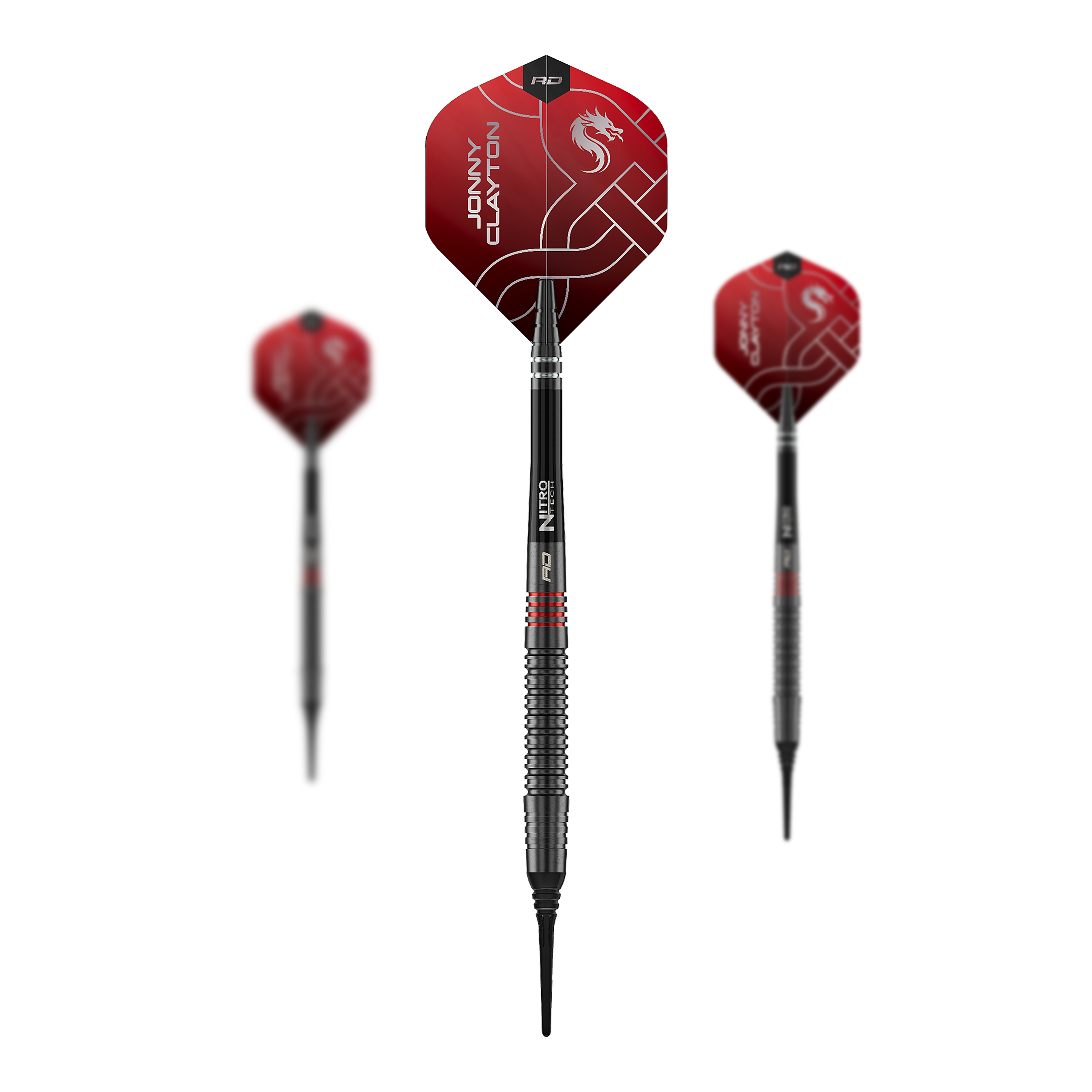 Fléchettes souples Red Dragon Jonny Clayton RD-ADV - 18 g Auf dem Foto ist das Set der Red Dragon Jonny Clayton RD-ADV Softdarts - 18g zu sehen. Drei Softdarts liegen nebeneinander als Set.