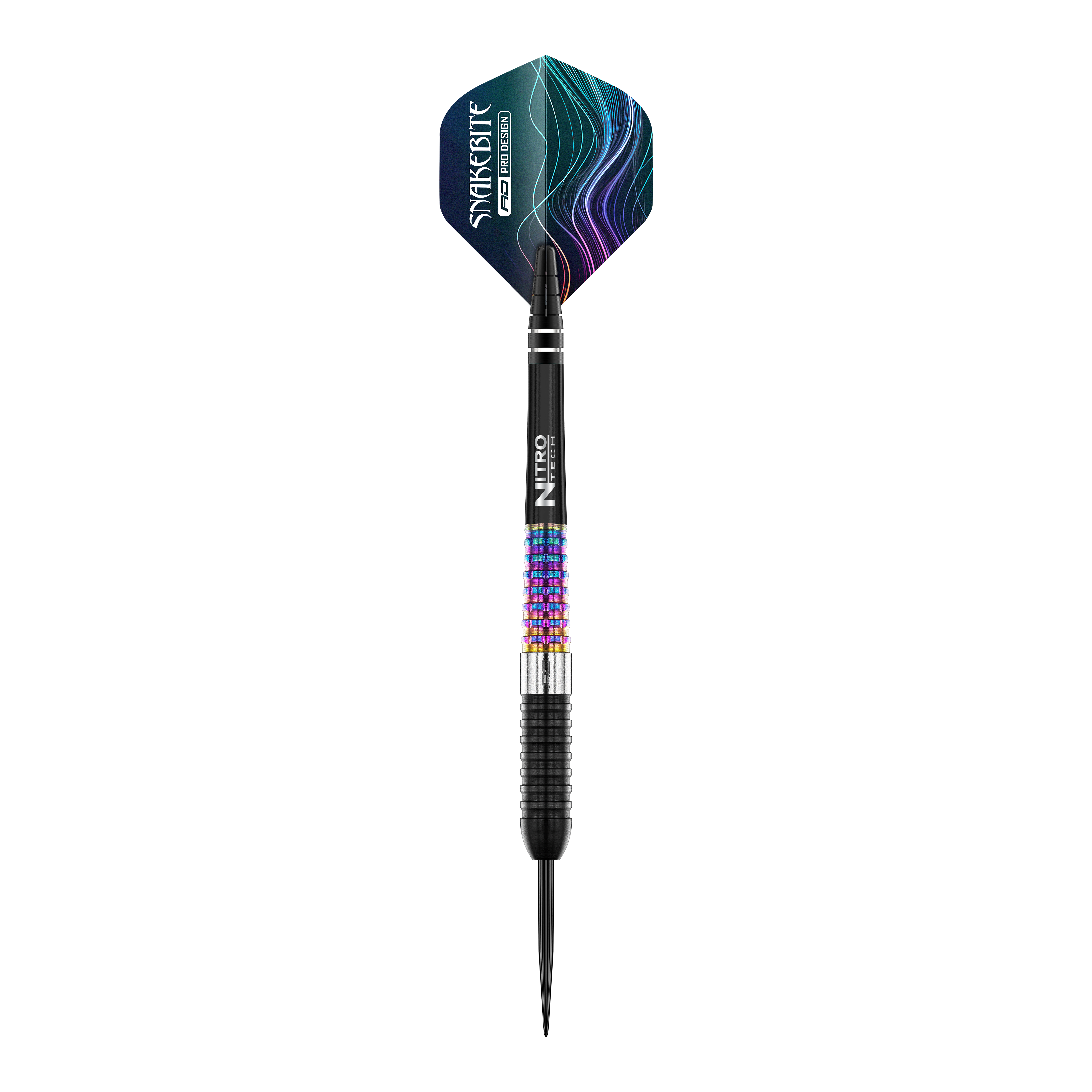 Fléchettes en acier Red Dragon Peter Wright Corra Auf dem Bild ist ein Red Dragon Peter Wright Corra Steeldart zu sehen. Der Dart hat bunte, strukturierte Griffbereiche und ein auffälliges Flight-Design mit blauen und violetten Linien.