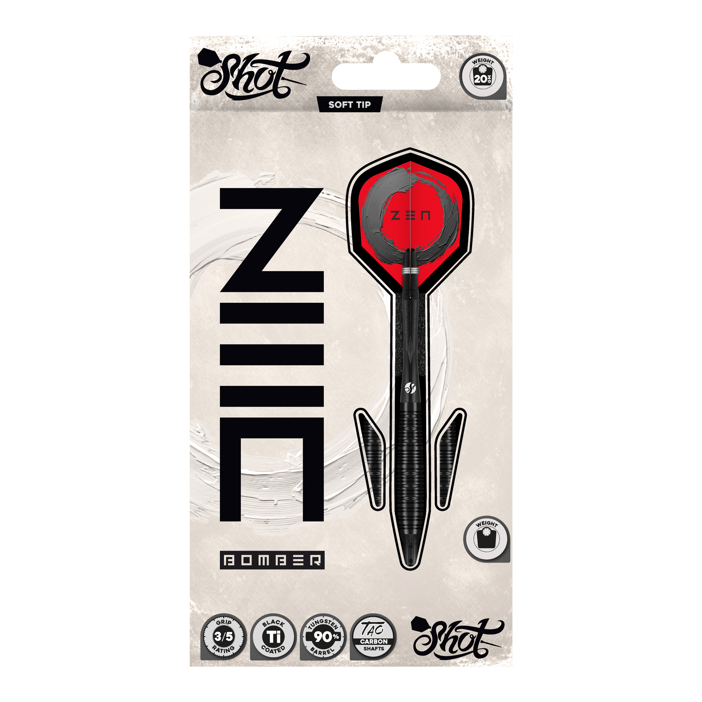 Fléchettes souples Shot ZEN Bomber - 20 g Hier sieht man die Shot ZEN Bomber Softdarts - 20g. Die Softdarts sind für präzises Werfen und einen sicheren Halt konzipiert.