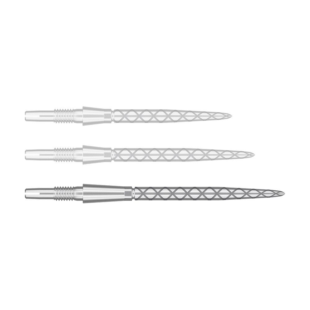 Pointes de fléchettes Target Swiss Storm Diamond Point - Argent Das Bild zeigt drei silberne Dartspitzen mit einem Rautenmuster auf der Spitze. Sie sind nebeneinander und parallel ausgerichtet.