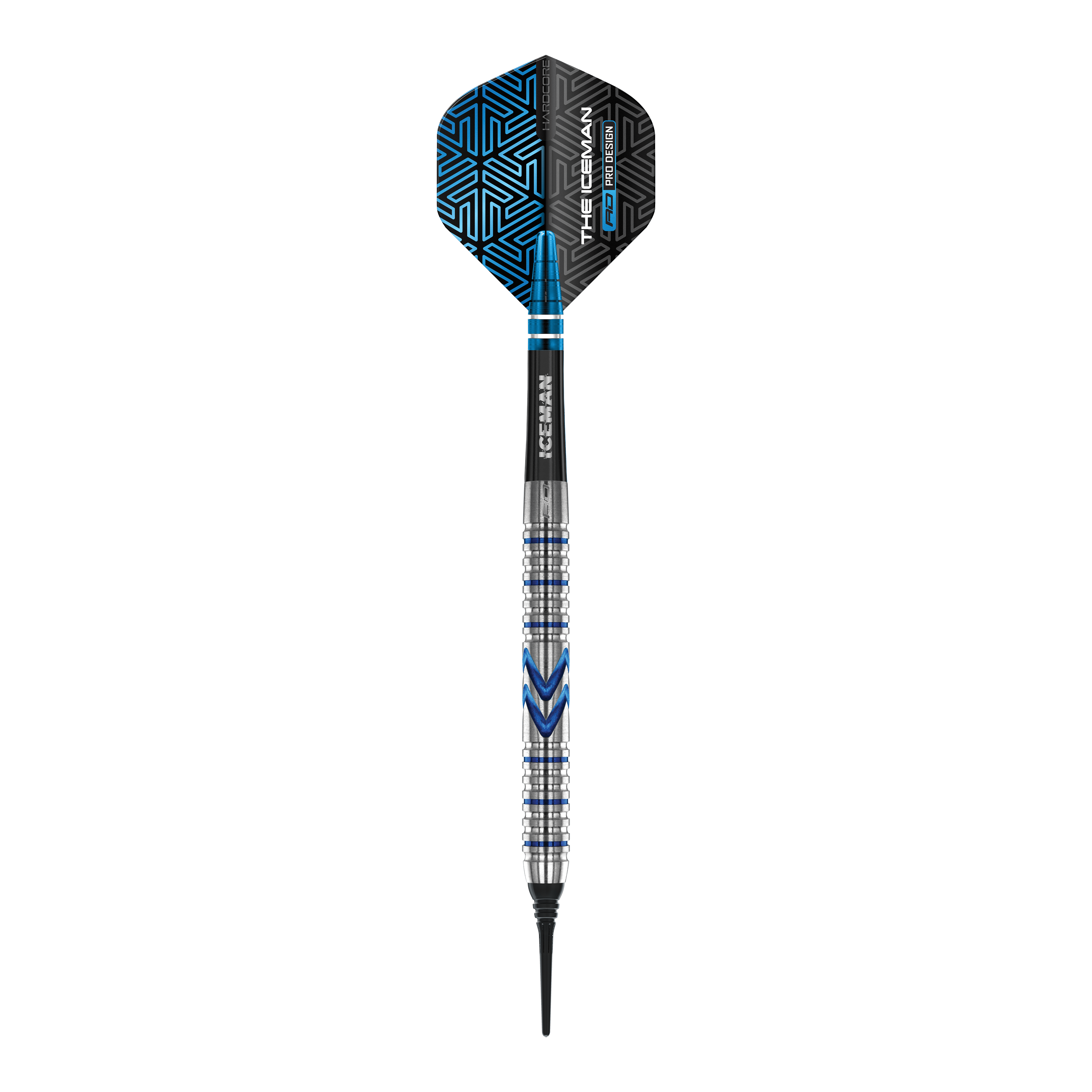Fléchettes souples Red Dragon Gerwyn Price Iceman Midnight Edition - 20 g Der abgebildete Softdart ist der "Red Dragon Gerwyn Price Iceman Midnight Edition" mit einem Gewicht von 20g. Er hat ein modernes Design mit silbernen und blauen Akzenten sowie einer schwarzen Flights mit blauen Mustern.