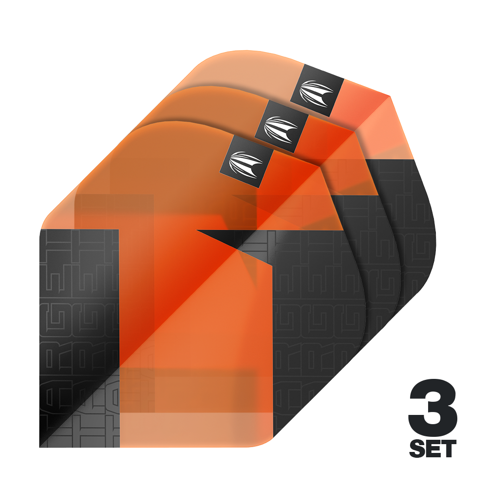 Ailettes standard Target Pro Ultra TAG Orange n° 2 - 3 jeux Das Bild zeigt drei orangefarbene Standard Flights für Darts mit schwarzem Muster. In der rechten unteren Ecke steht "3 SET".