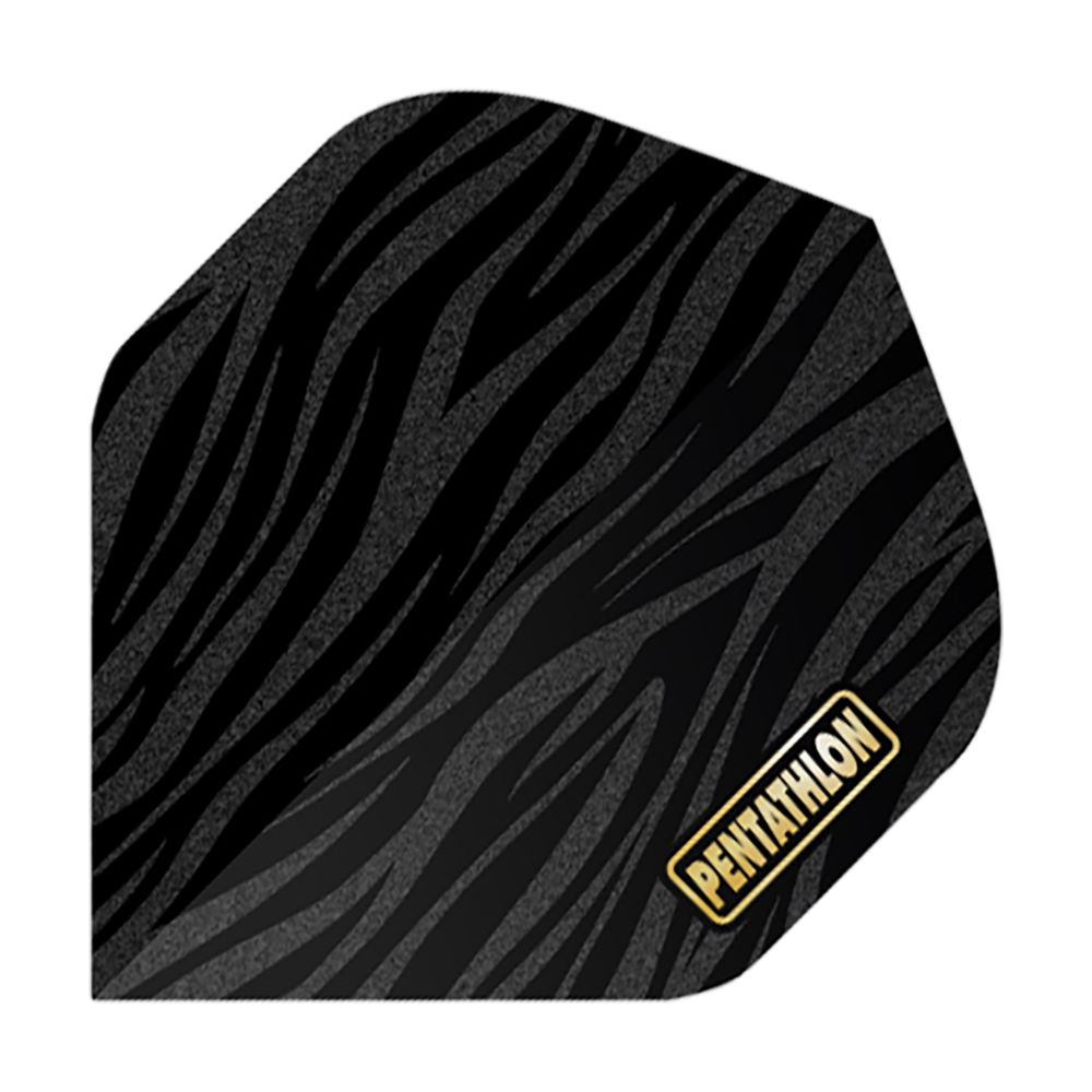 Vols de pentathlon RT Zebra Das Bild zeigt ein Dartflight mit einem Zebra-Muster in Schwarz und Grau. In der unteren Ecke steht das Wort "Pentathlon" in gelber Schrift.