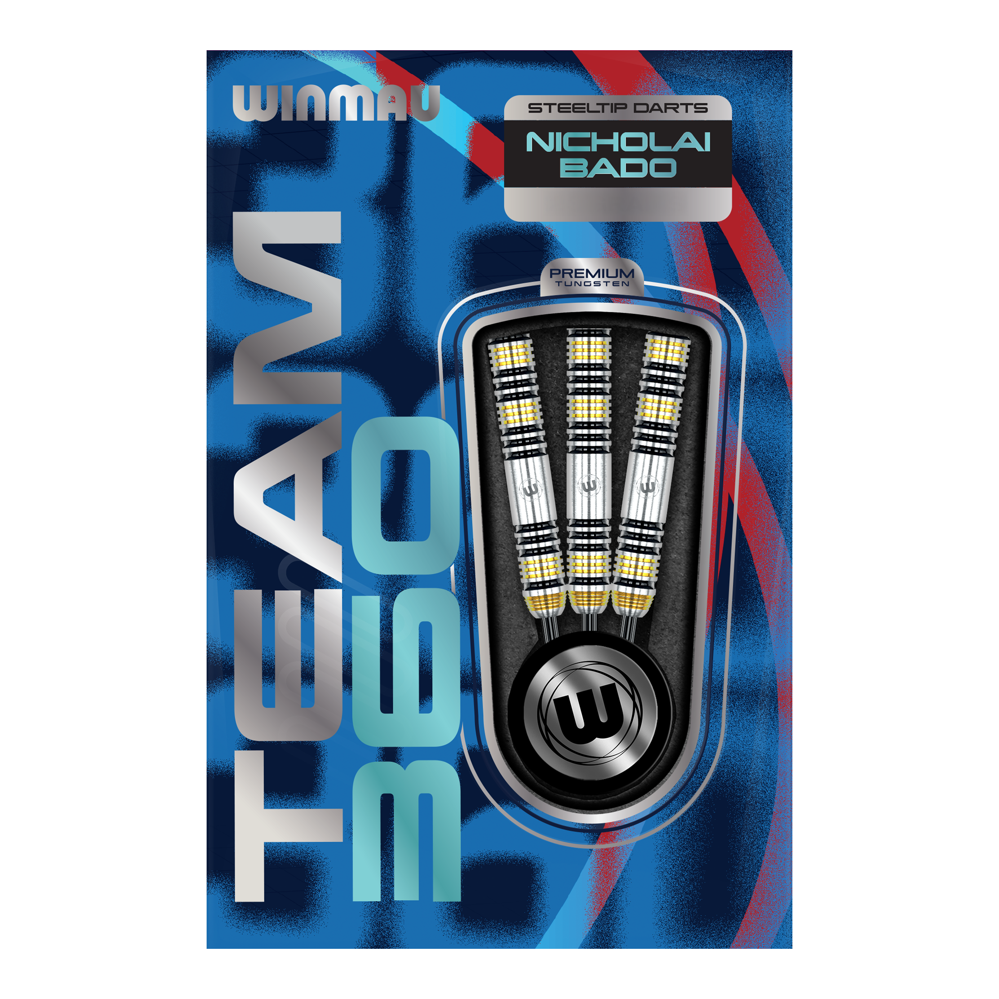 Winmau Team 360 Nicholai Bado Steeldarts - 23g wird gezeigt. Das Foto veranschaulicht den Dartpfeil aus einer anderen Perspektive.
