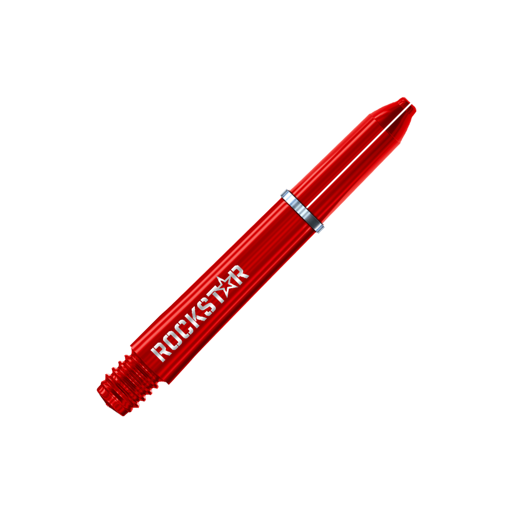 Manche en nylon Winmau Joe Cullen Rockstar Das Bild zeigt einen roten Dart-Schaft mit der Aufschrift „ROCKSTAR“. Der Schaft hat eine glänzende Oberfläche und einen silbernen Ring in der Mitte.
