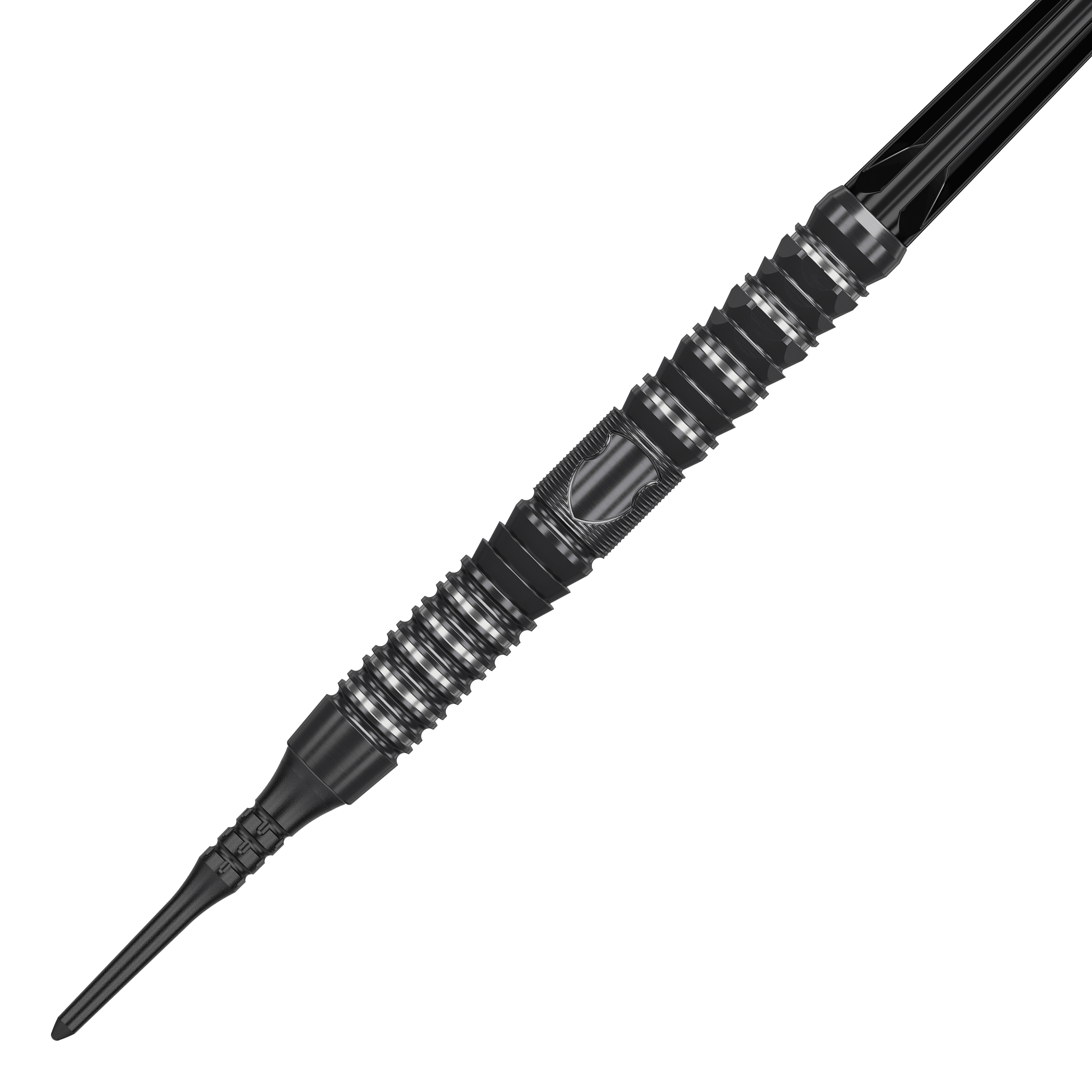 Das Bild zeigt einen Target Japan Black Marque Draco GEN2 Softdart mit einem Gewicht von 20g. Der Dart ist schwarz-silbern und hat ein modernes, gerilltes Design für besseren Halt.