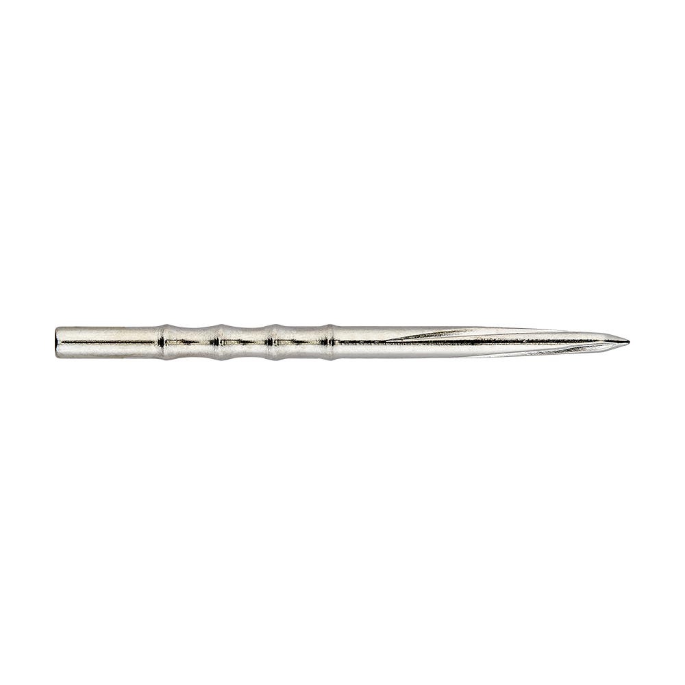 Pointes de fléchettes en acier festonné à volute de licorne Das Bild zeigt eine silberne Steeldartspitze mit einem gerillten Design. Die Spitze ist schlank und hat eine profilierte, leicht gewellte Oberfläche.