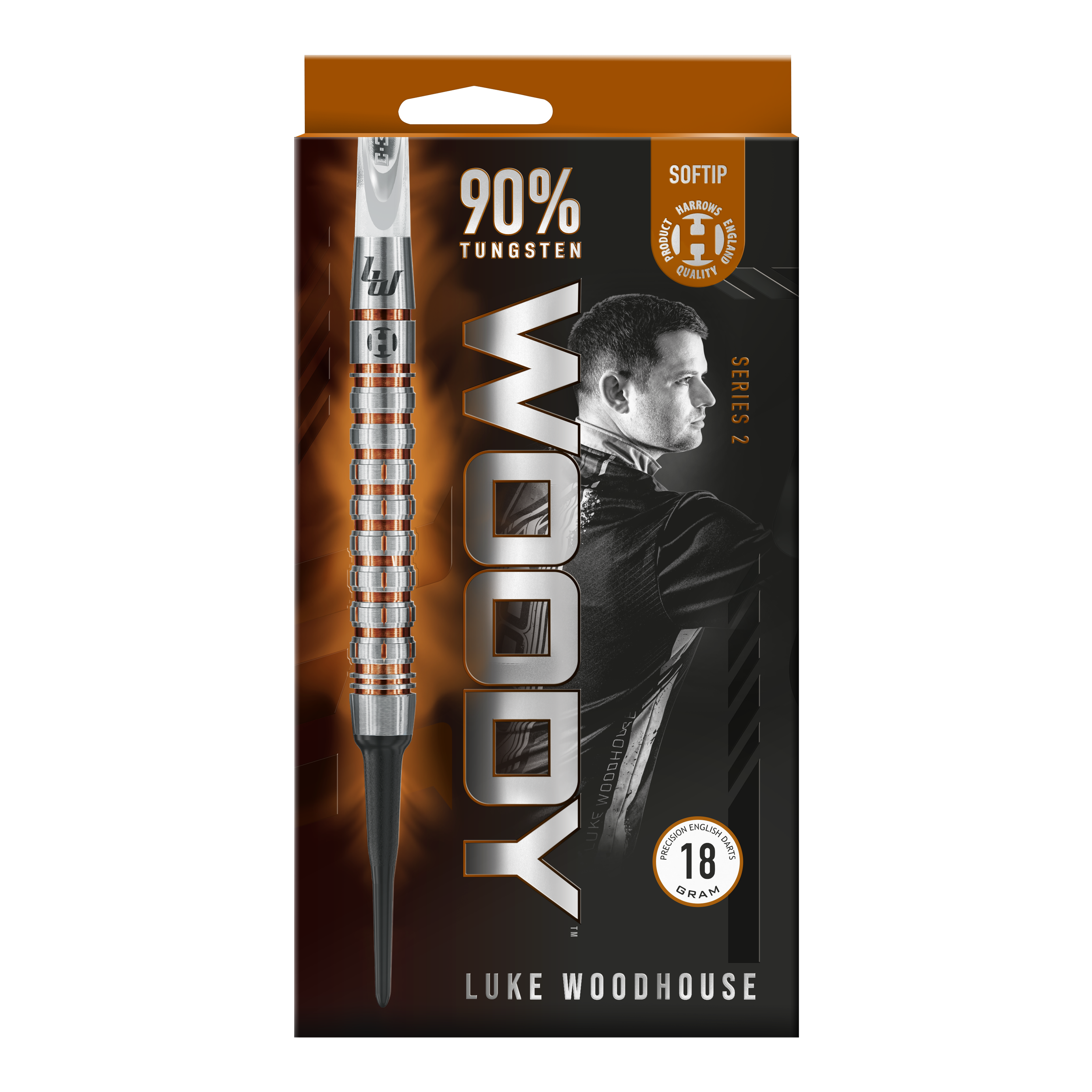 Fléchettes souples Harrow's Luke Woodhouse série 2 - 18 g Die Verpackung zeigt die Harrows Luke Woodhouse Series 2 Softdarts mit einem Gewicht von 18 Gramm. Auf der Vorderseite ist ein großes Bild eines Softdarts sowie das Porträt von Luke Woodhouse abgebildet.