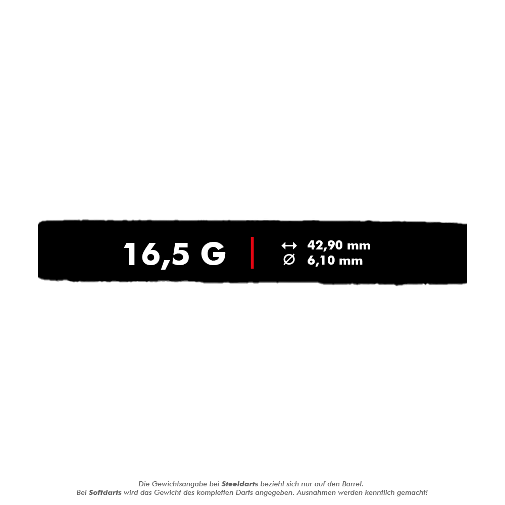 Fléchettes souples McDart 85 Tungstène V16 - 16,5 g Das Bild zeigt die Eigenschaften des Produkts "McDart 85er Tungsten V16 Softdarts - 16,5g". Angegeben sind das Gewicht von 16,5 Gramm, eine Länge von 42,90 mm und ein Durchmesser von 6,10 mm.