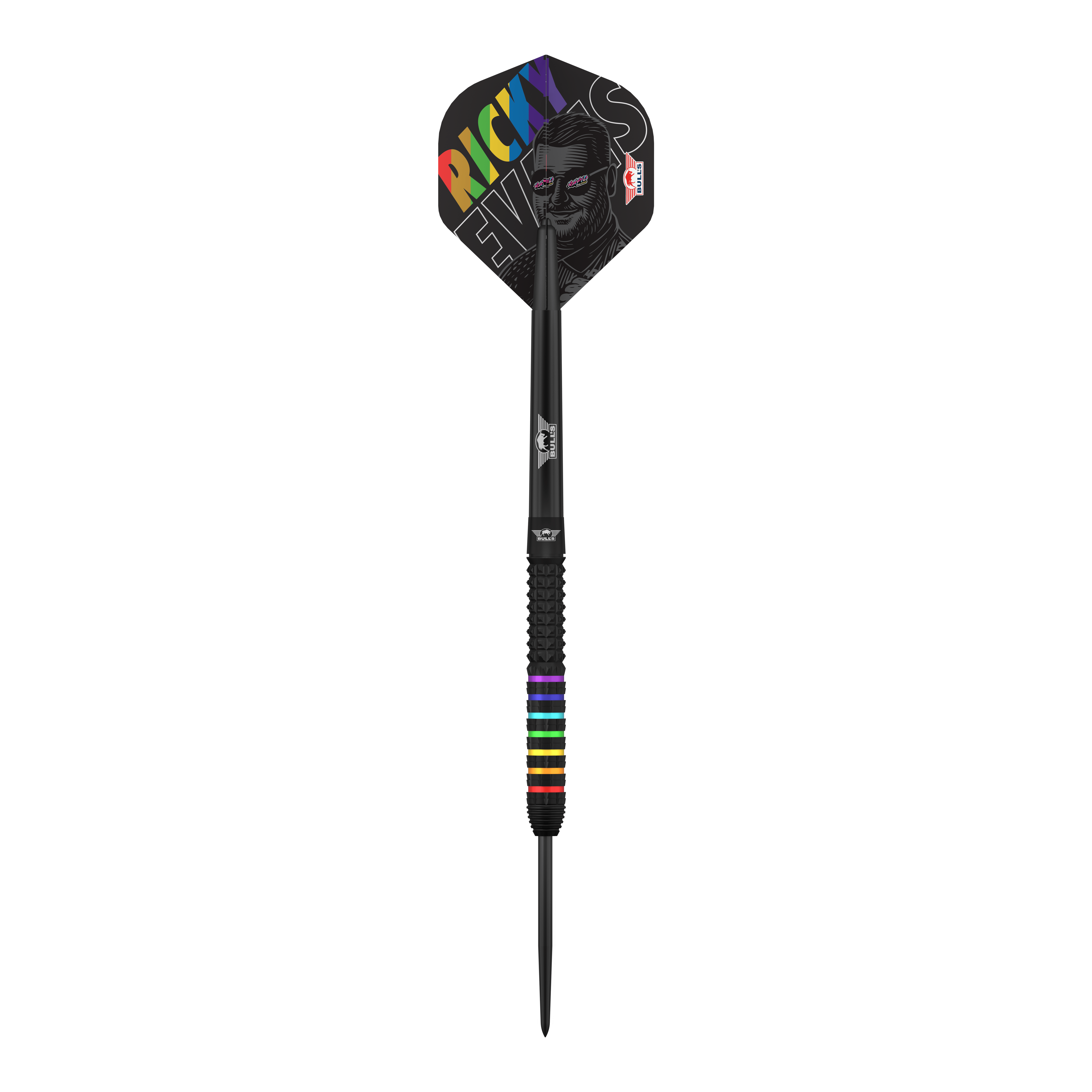 Fléchettes en acier Rapid 95 de Ricky Evans (Bulls NL) Zu sehen ist das Produkt Bulls NL Ricky Evans Rapid 95 Steeldarts - 23g. Die Aufnahme fokussiert auf die Optik des Dartpfeils.