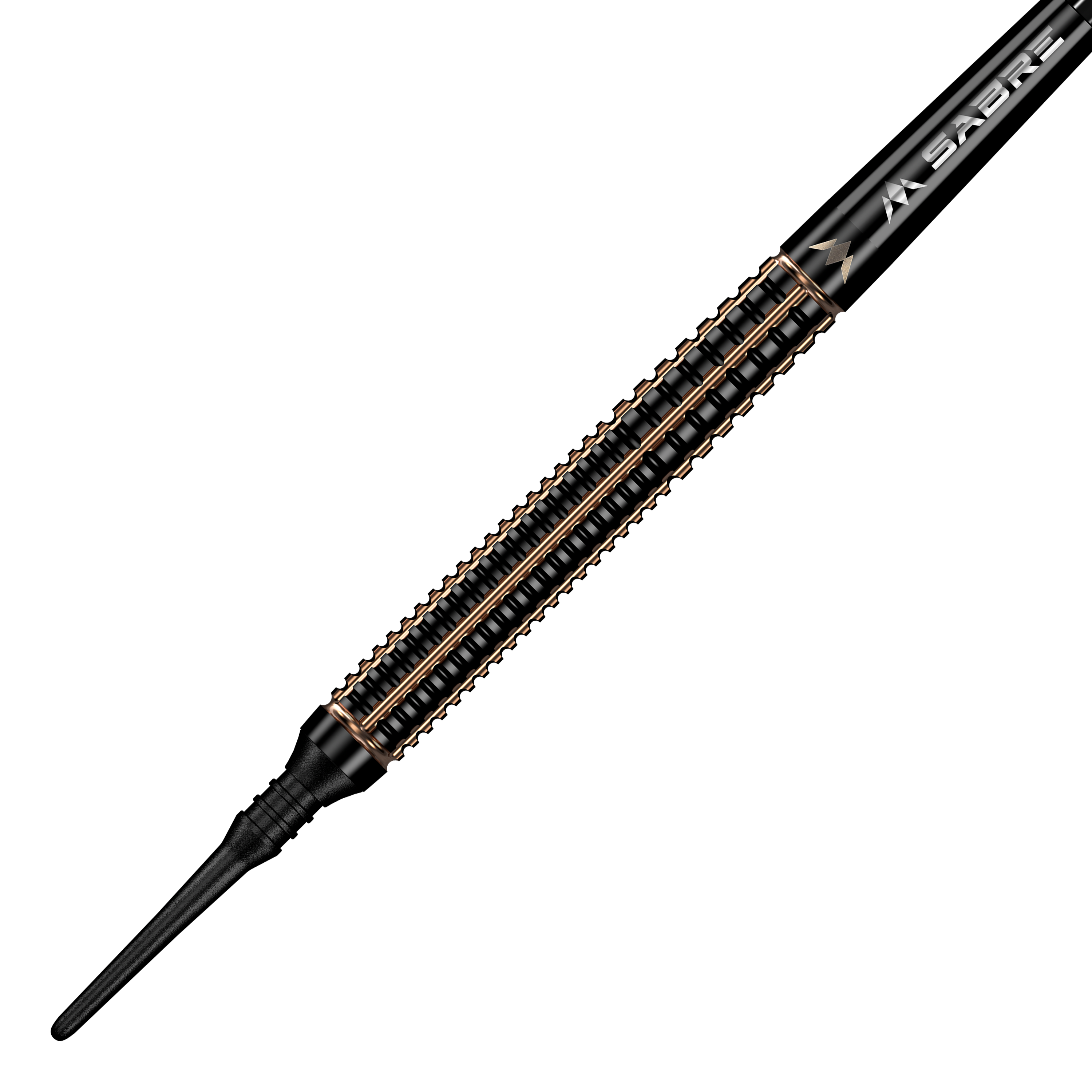 Fléchettes souples Mission Scorpion - 19 g Das Bild zeigt einen Mission Scorpion Softdart mit einem Gewicht von 19 Gramm. Der Dart hat ein elegantes, schwarzes Design mit goldfarbenen Akzenten.