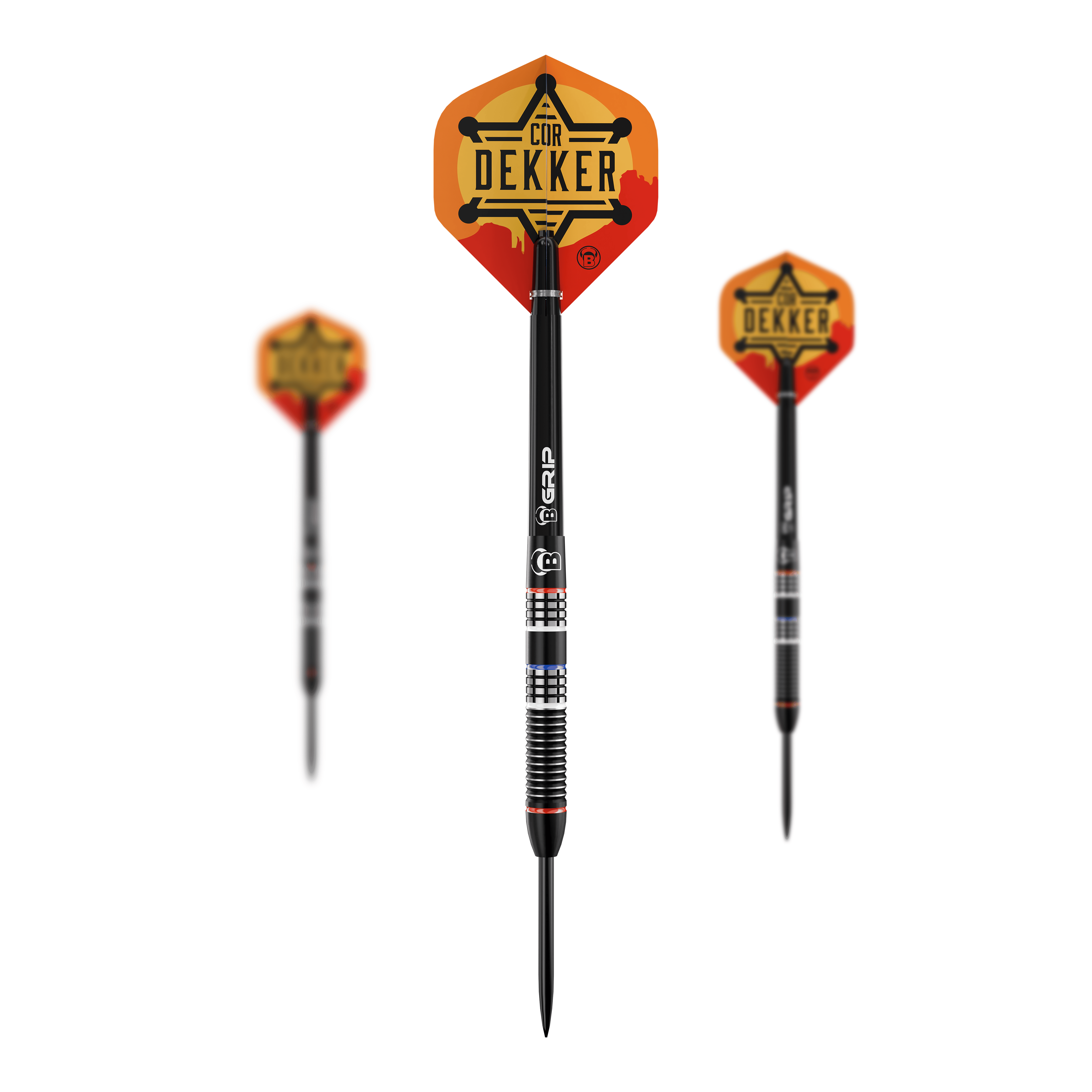 Es ist ein Set der Bulls Cor Dekker The Sheriff Steeldarts mit 23 Gramm zu sehen. Das Set enthält mehrere Darts für das professionelle Dartspiel.