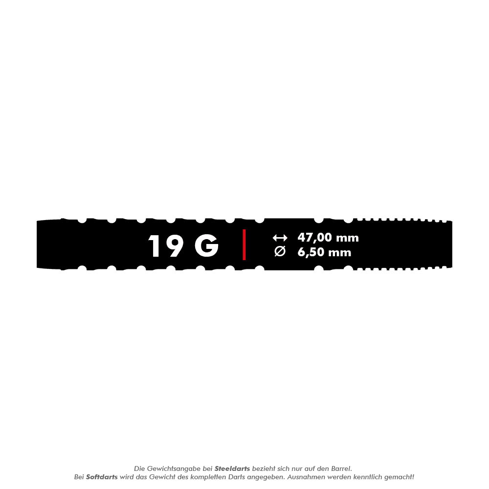 210324_Target_Luke_Littler_GEN1_Softdarts_5_19g Das Bild zeigt die Produktdetails der "Target Luke Littler GEN1 Softdarts - 19g". Die Darts wiegen 19 Gramm, sind 47,00 mm lang und haben einen Durchmesser von 6,50 mm.
