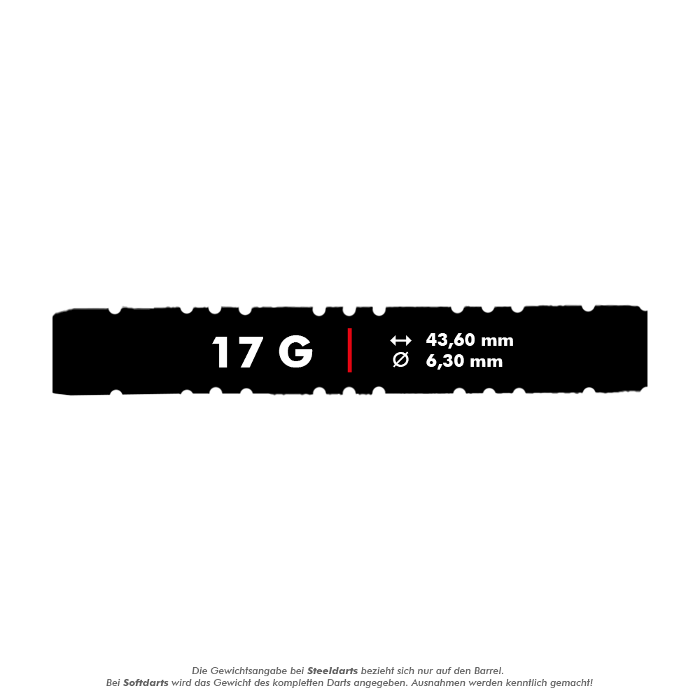 Fléchettes souples McDart 85 Tungsten V2 - 17 g Das Bild zeigt die Produktdaten für die McDart 85er Tungsten V2 Softdarts mit einem Gewicht von 17 Gramm. Die Darts haben eine Länge von 43,60 mm und einen Durchmesser von 6,30 mm.