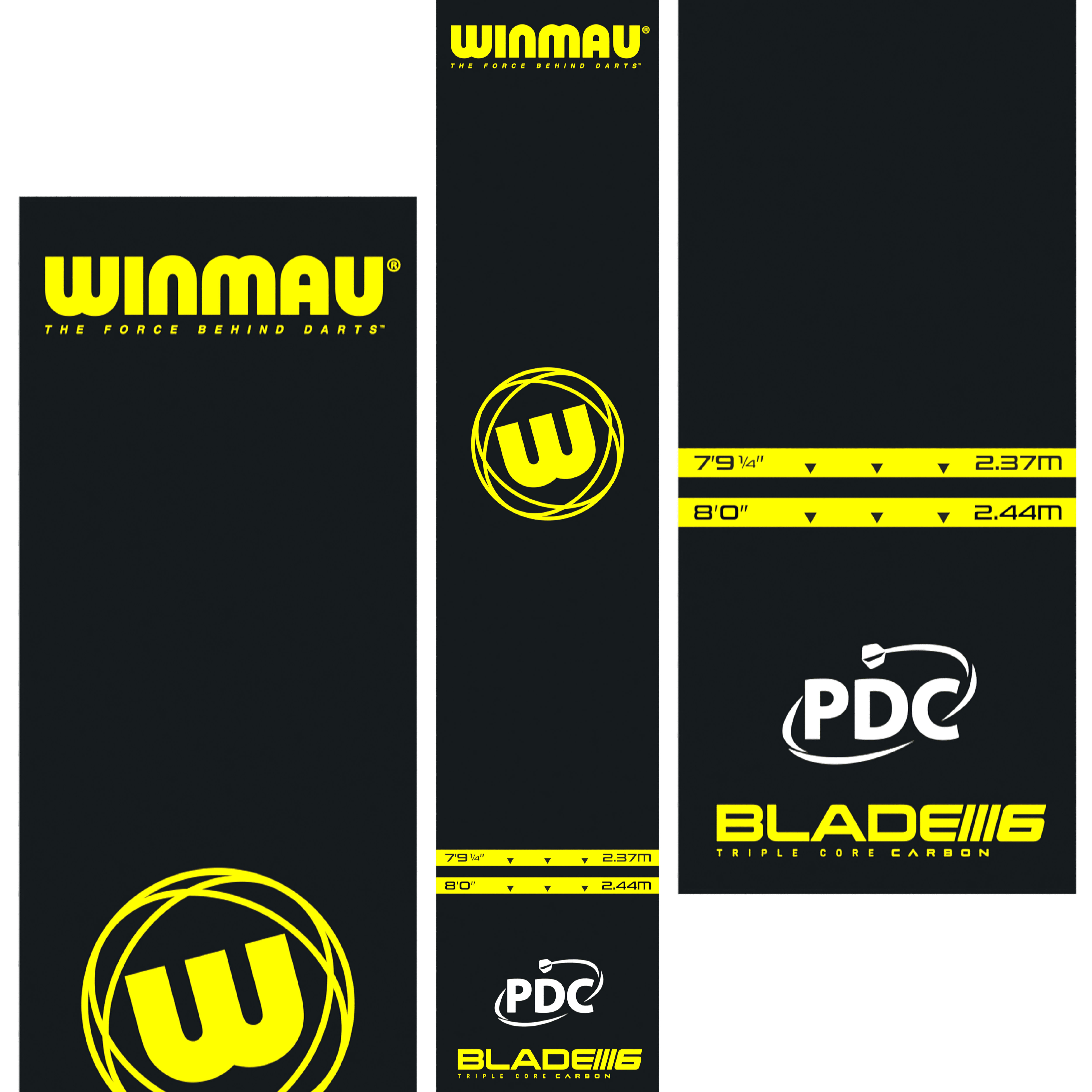 Tapis de fléchettes Winmau Pro-Zone Essential en PVC Das Bild zeigt die Winmau Pro-Zone Essential PVC Dartmatte mit auffälligen gelben Logos und Markierungen. Die Matte zeigt Abwurflinien in den Längen 2,37 m und 2,44 m sowie die Logos von Winmau, PDC und Blade 6.