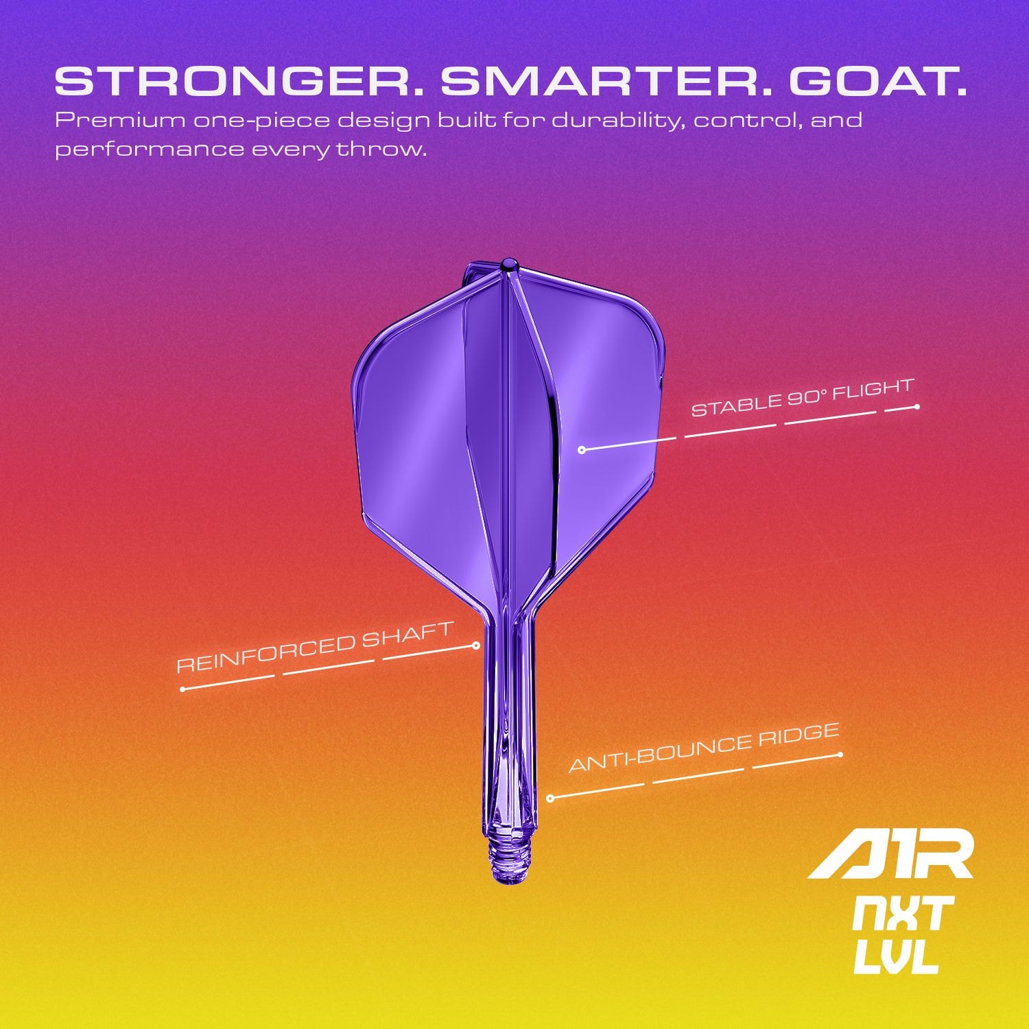 Système d'arbre de vol GOAT A1R No6 - Violet fluo Abgebildet ist das GOAT A1R No6 Flight-Shaft-System in leuchtendem Neon Lila. Es ist speziell für den Einsatz im Dartsport konzipiert.