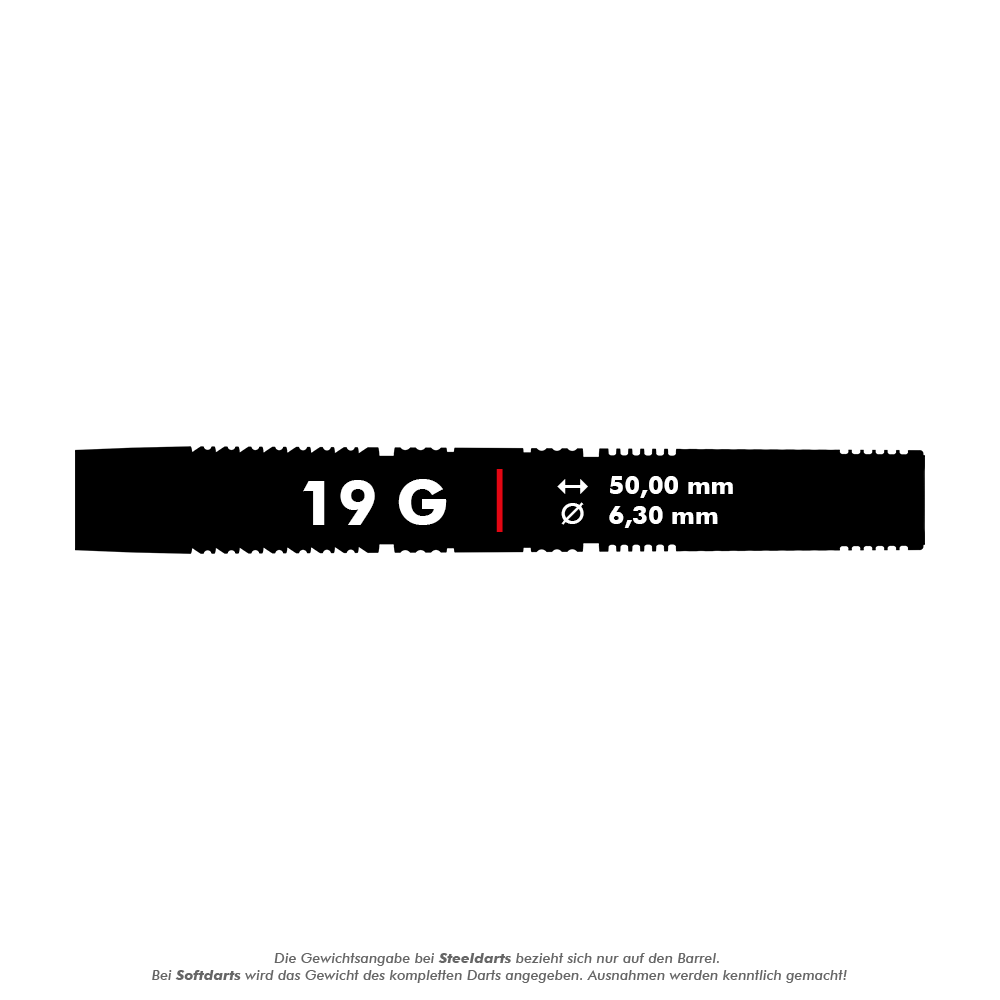 Fléchettes souples Target Gabriel Clemens 95K - 19 g Das Bild zeigt Angaben zum Produkt "Target Gabriel Clemens 95K Softdarts - 19g". Der Dart wiegt 19 Gramm, ist 50,00 mm lang und hat einen Durchmesser von 6,30 mm.