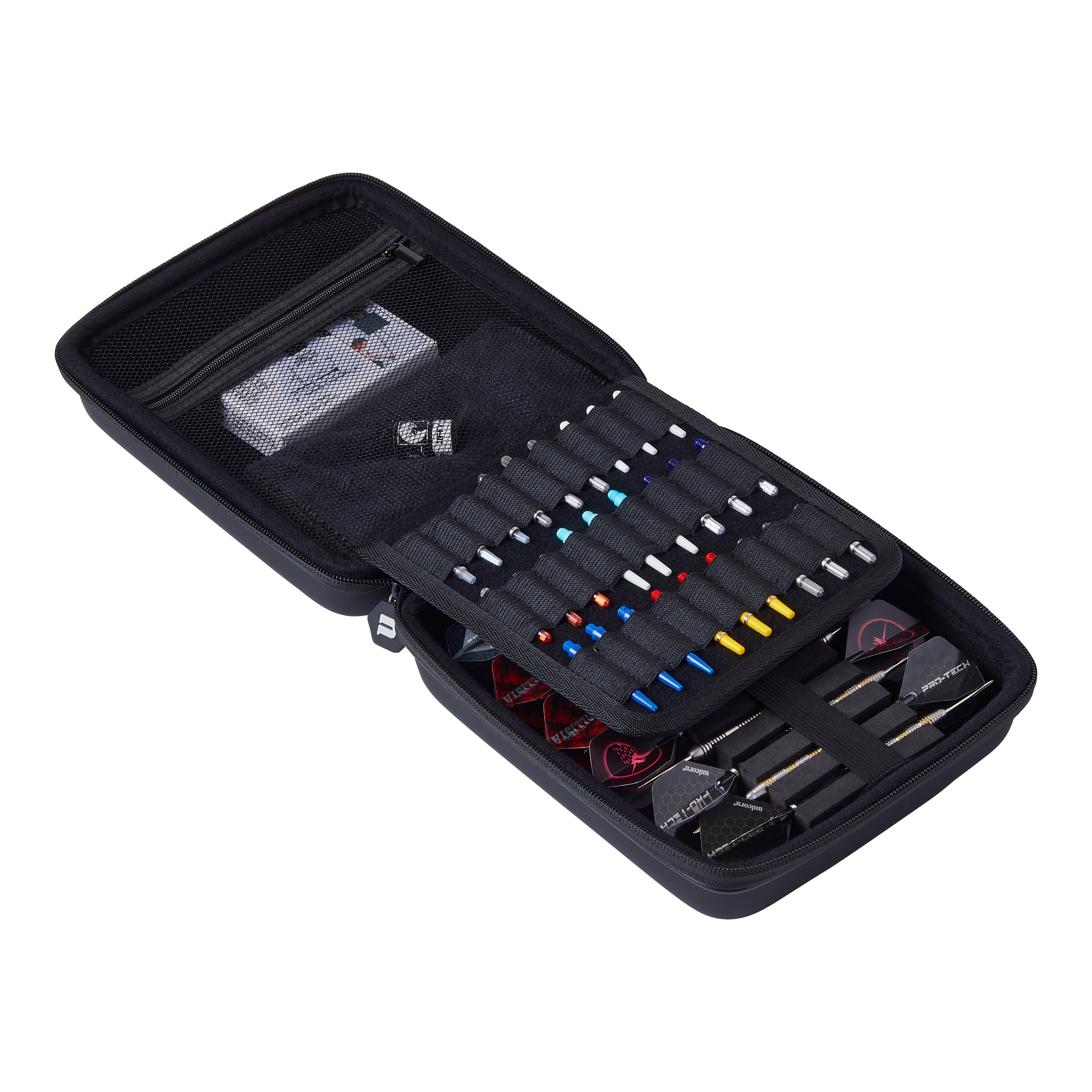 Étui à fléchettes Unicorn Ultra 3UP grand format - Noir Das Bild zeigt ein offenes schwarzes Dartcase namens "Unicorn Ultra 3UP Large Dartcase". Im Inneren sind verschiedene Dartpfeile, Ersatzteile und Zubehör ordentlich sortiert.