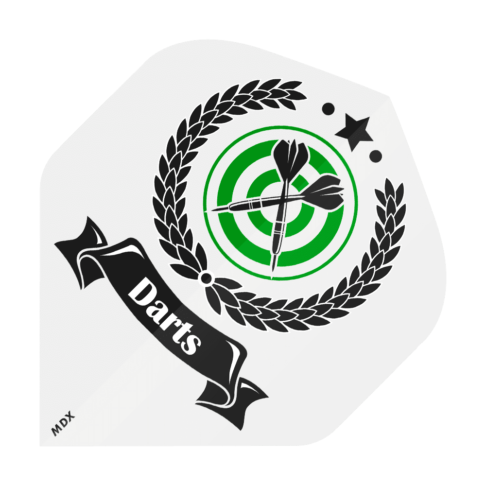 MD-401-4SLog_4-seitig_Bedruckte_Flights_Logo_MDX_2 Das Bild zeigt ein Dart-Flight mit einem grünen Zielscheiben-Motiv und zwei darauf gerichteten Dartpfeilen. Drumherum ist ein Lorbeerkranz sowie ein schwarzes Banner mit der Aufschrift „Darts“ abgebildet.