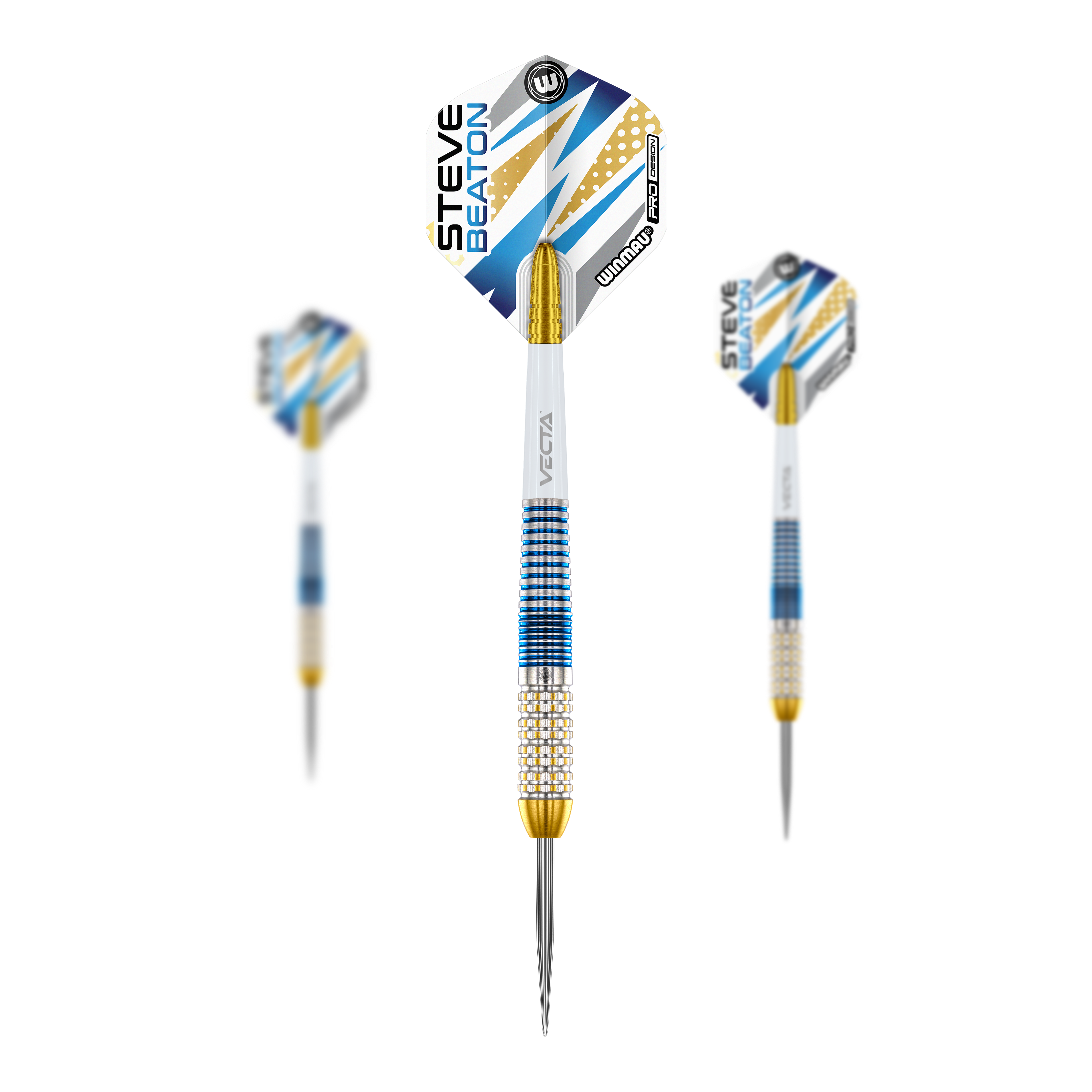 Fléchettes en acier Winmau Steve Beaton Legend Series Das Bild zeigt drei Steeldarts der Marke Winmau aus der Steve Beaton Legend Series. Die Darts haben blaue, weiße und goldene Akzente sowie einen Pfeil mit „Steve Beaton“ Schriftzug auf dem Flight.